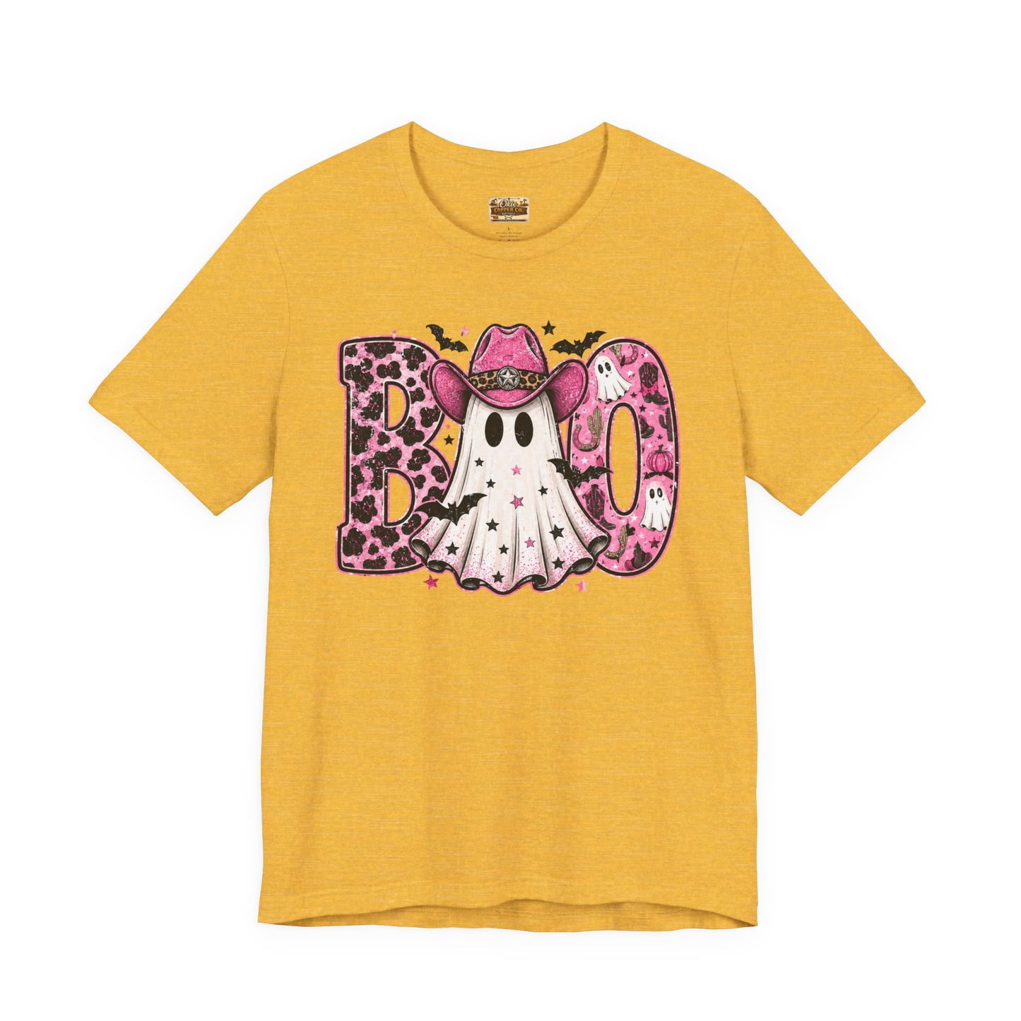 Boo Pink Leopard Ghost Tee — Cute Cowgirl Halloween T-Shirt