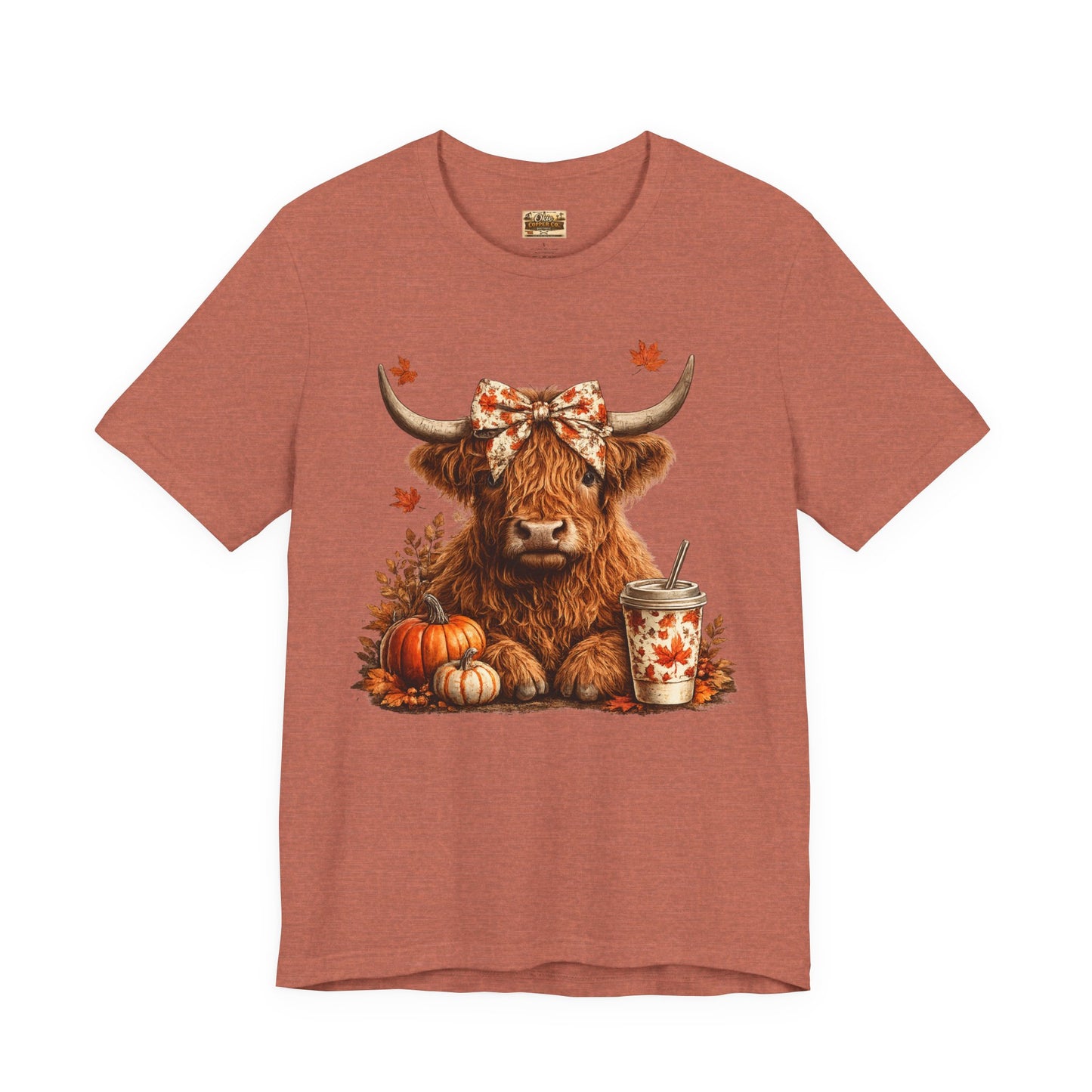 Autumn Highland Cow Tee — Fall Pumpkin Latte Graphic T-Shirt