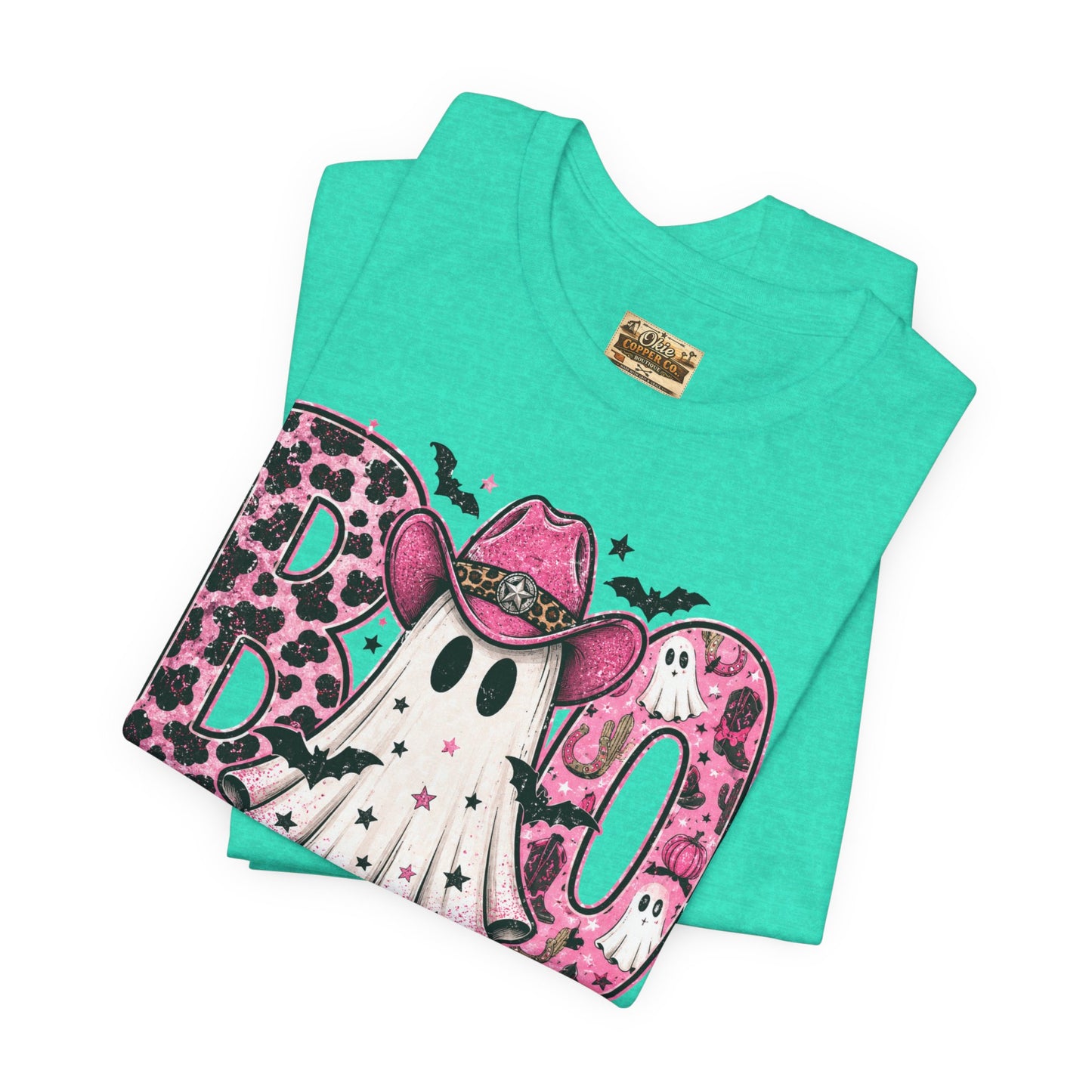Boo Pink Leopard Ghost Tee — Cute Cowgirl Halloween T-Shirt