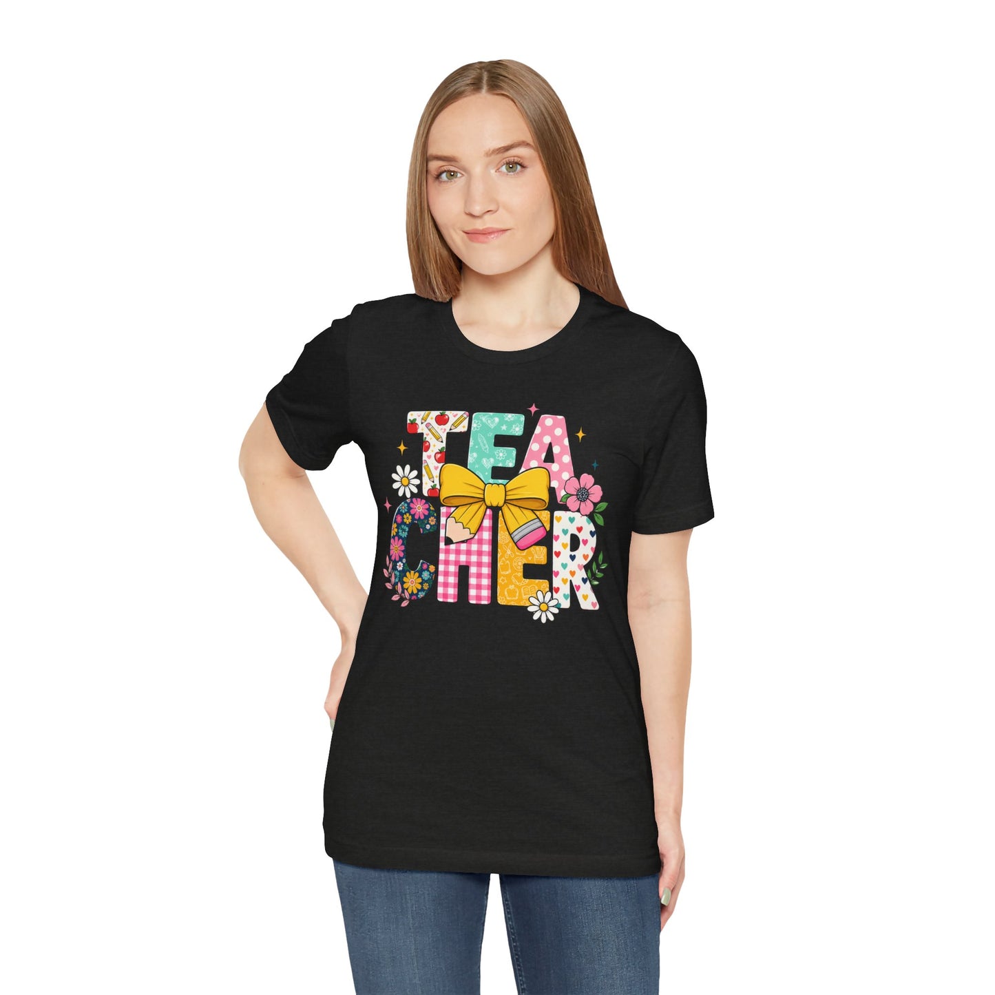 Teacher Floral Bow T-Shirt — Cute 'Teach er' Colorful School Shirt for Teachers
