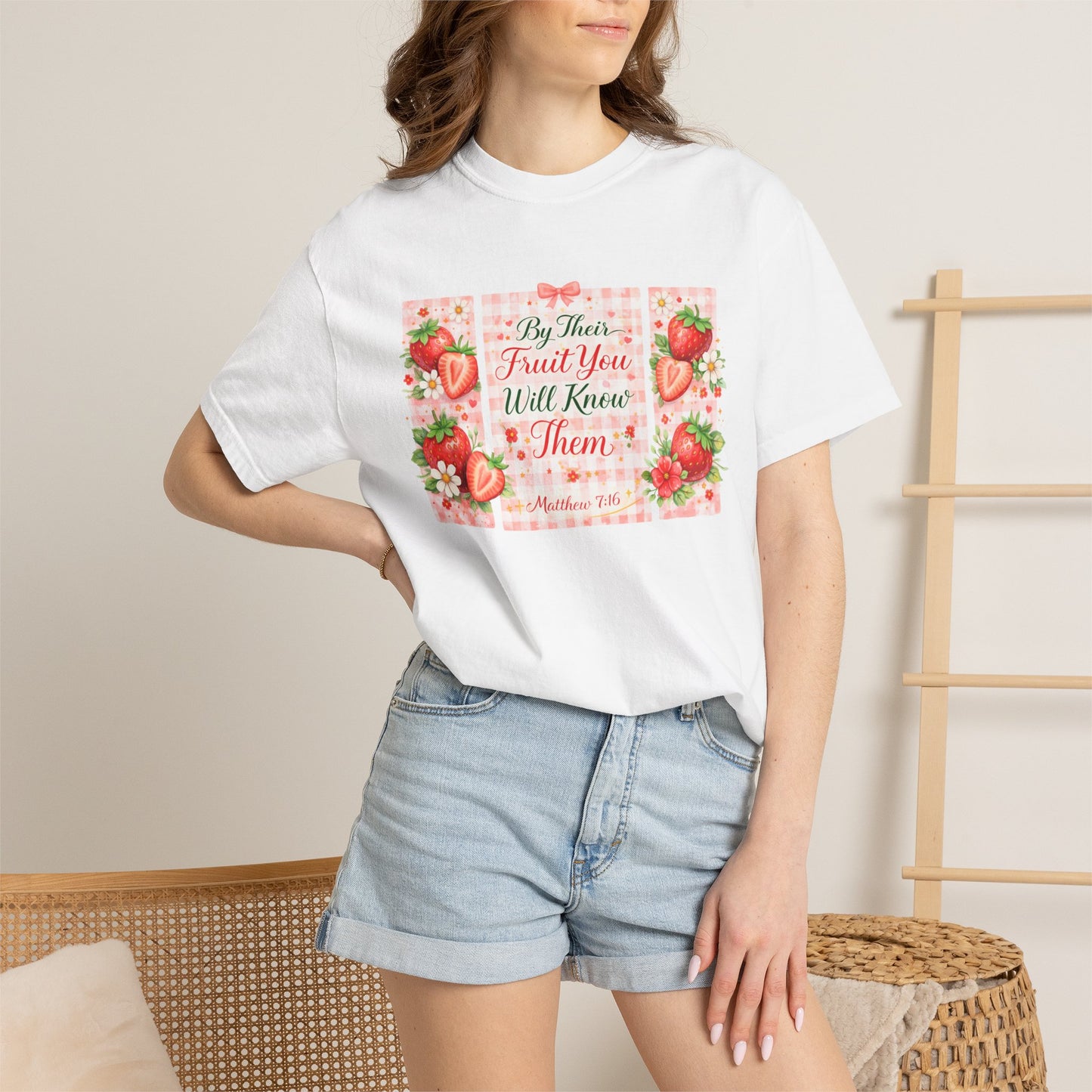 T-Shirt — “By Their Fruit You Will Know Them” Floral Strawberry Graphic Tee