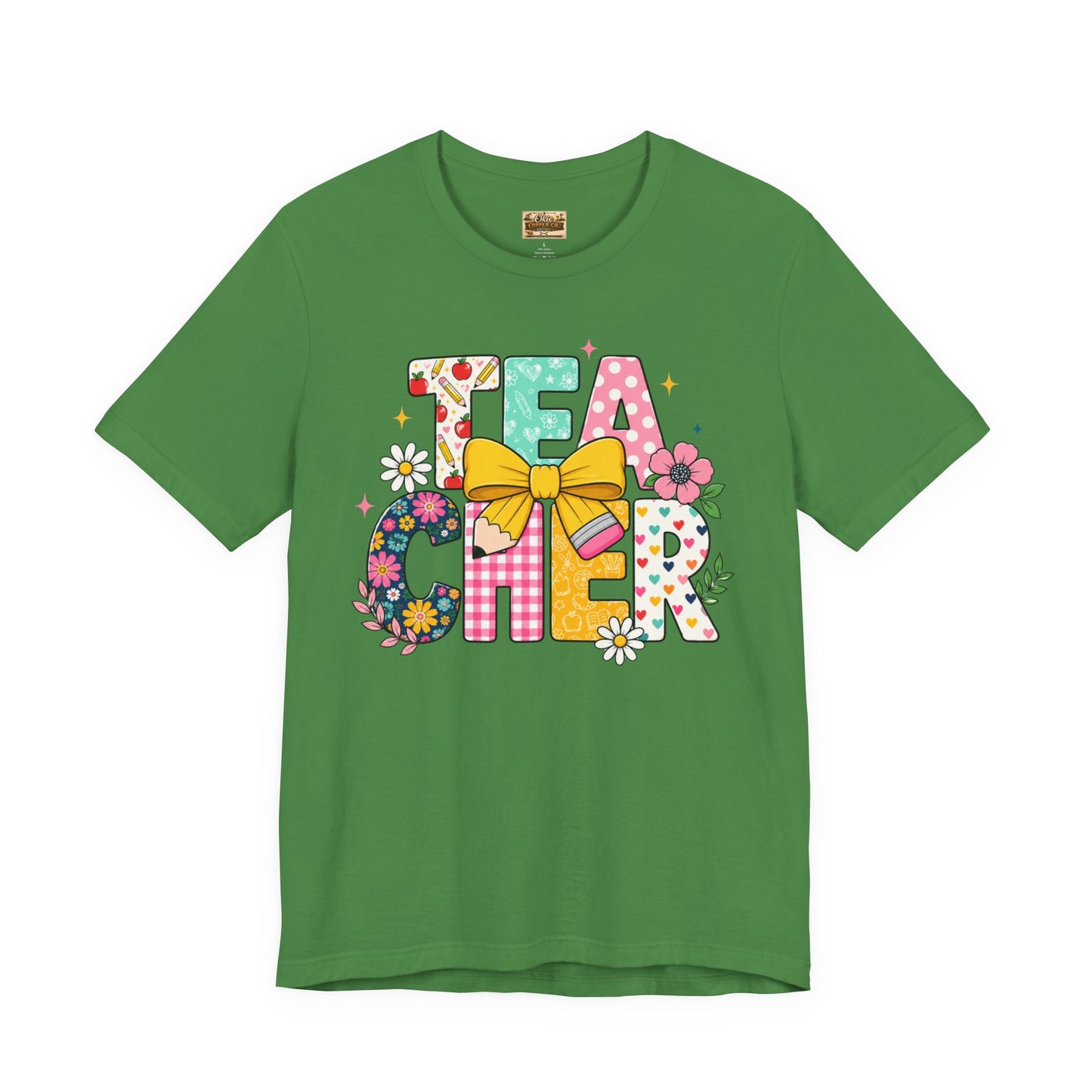 Teacher Floral Bow T-Shirt — Cute 'Teach er' Colorful School Shirt for Teachers