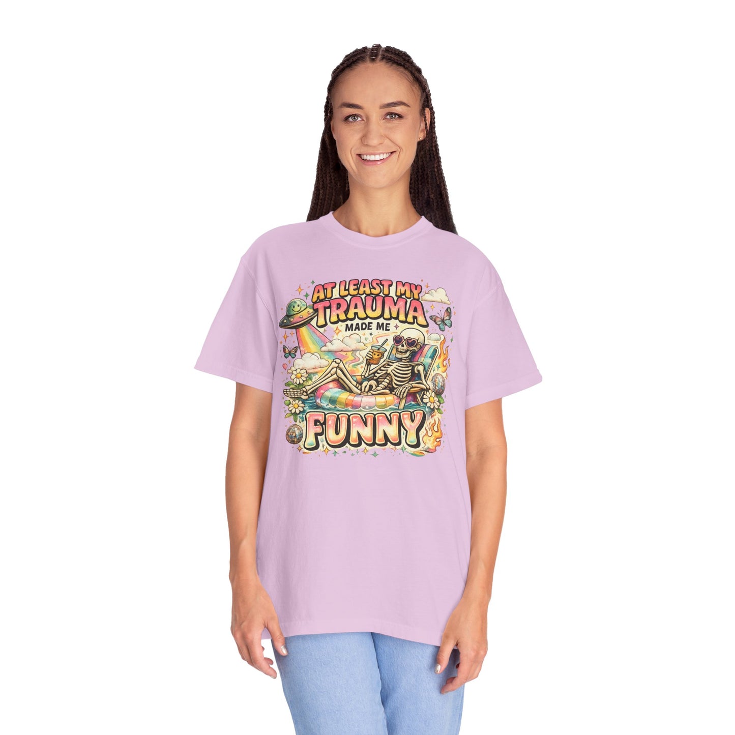 Funny Skeleton Graphic T-Shirt — "At Least My Trauma Made Me Funny"