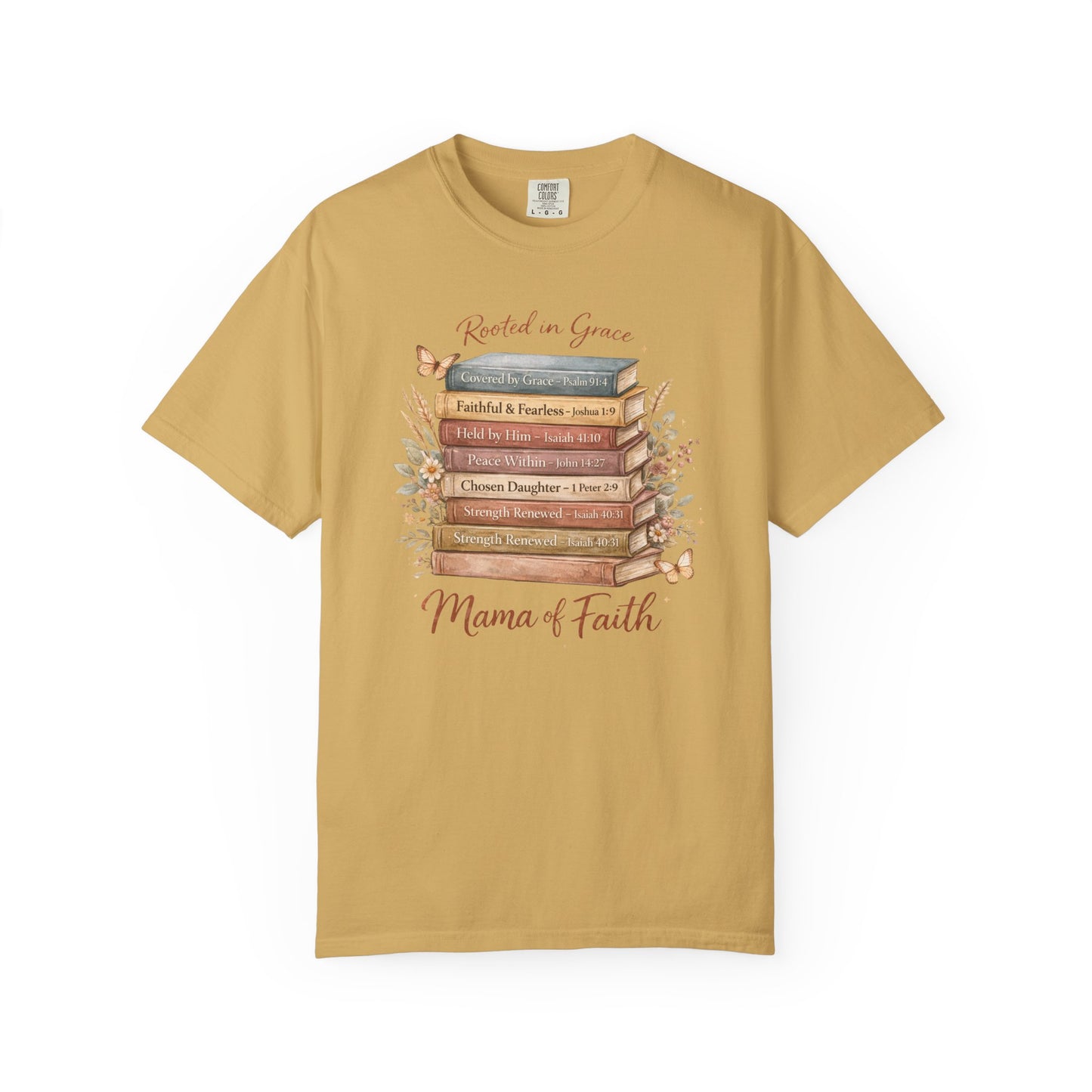 Mama of Faith Book Stack T‑Shirt — Rooted in Grace Christian Mother's Tee