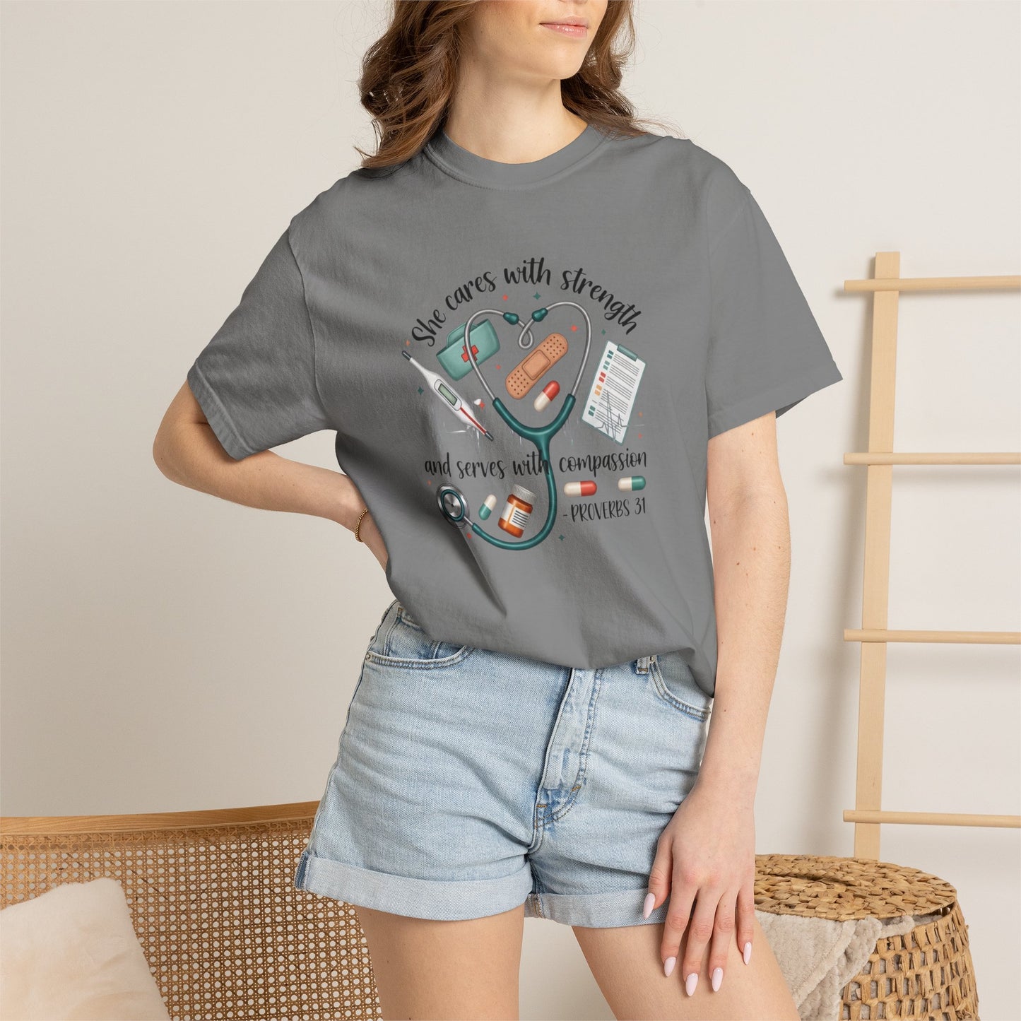 Nurse Heartbeat Graphic T-Shirt — "She Cares with Strength" Psalm 31 Christian Tee