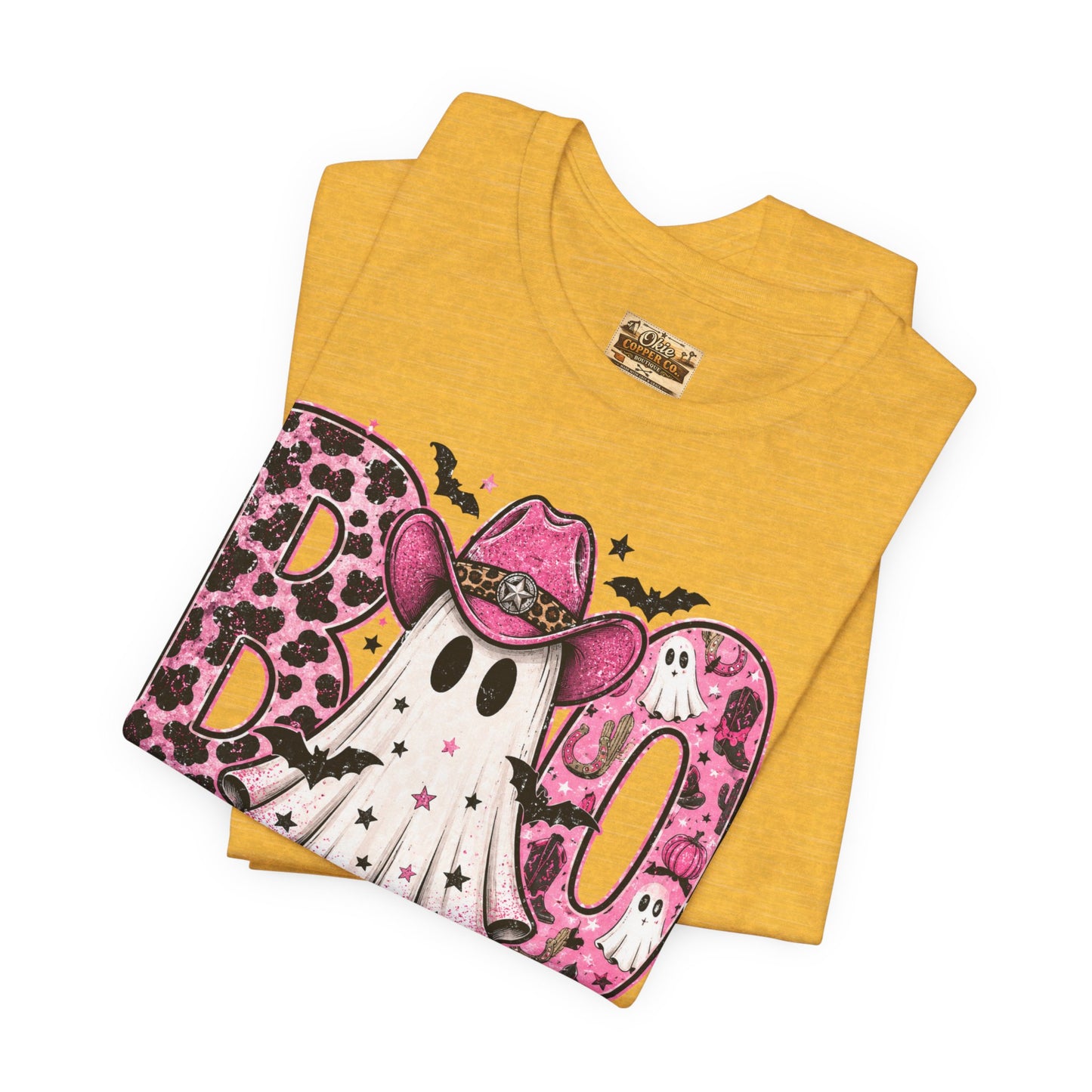 Boo Pink Leopard Ghost Tee — Cute Cowgirl Halloween T-Shirt