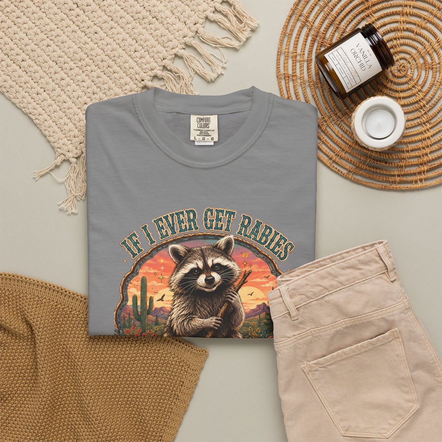 Raccoon Sunset T‑Shirt — “If I Ever Get Riches You’re High On My Bitin’ List” Funny Retro Graphic Tee