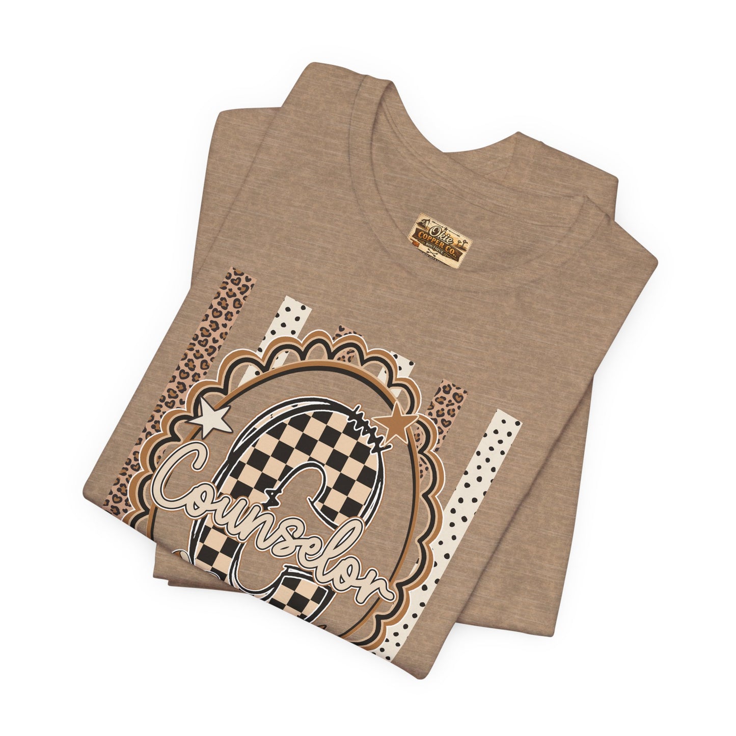 Counselor Tee — Retro Checkerboard & Leopard Print Graphic T-Shirt