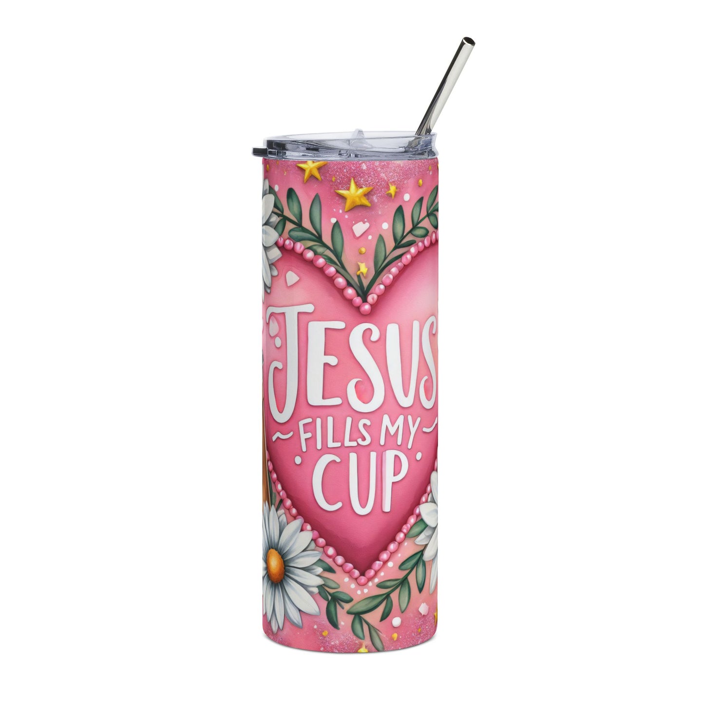 20oz Stainless Tumbler — "Jesus Fills My Cup" Floral Daisy Faith Travel Mug