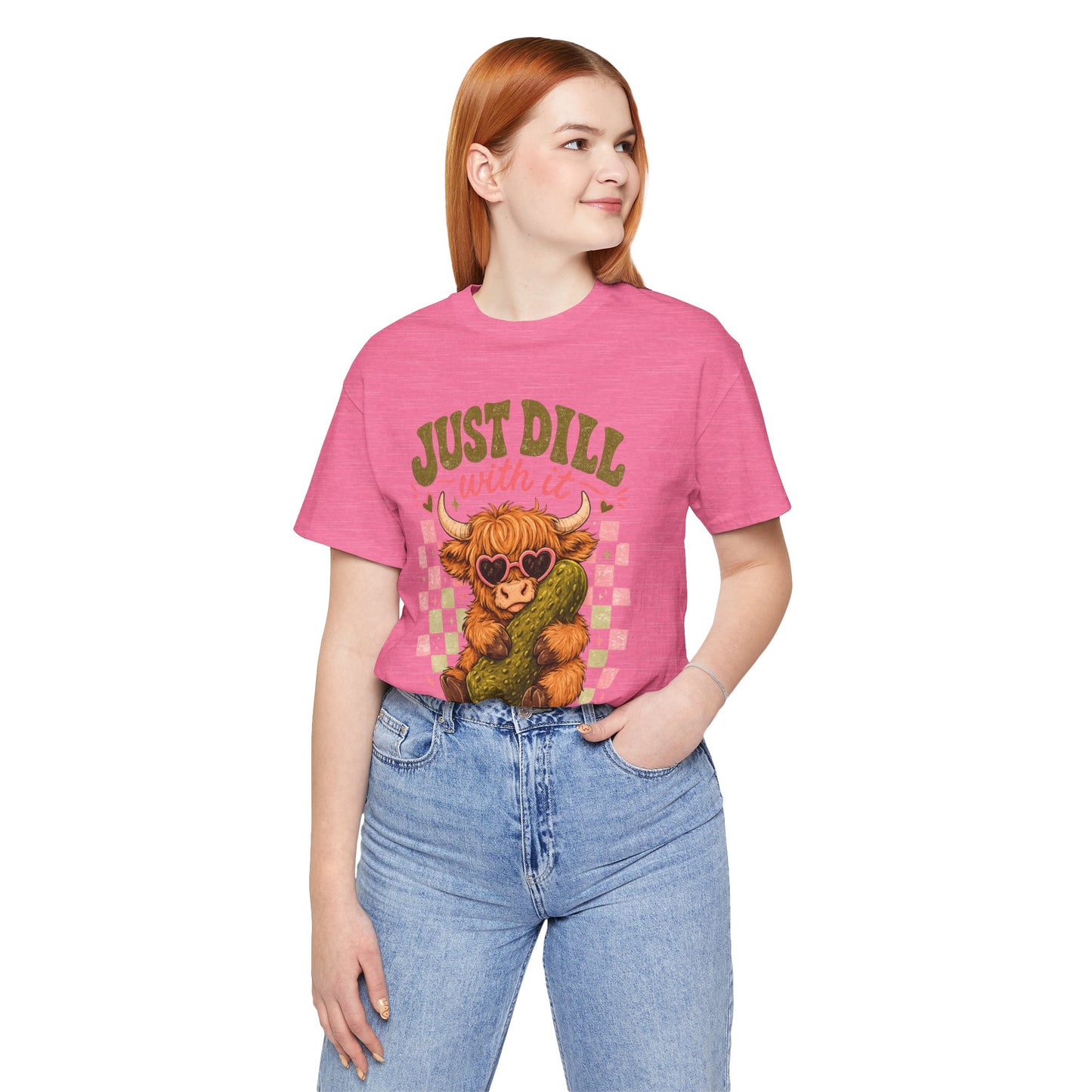 Just Dill With It Tee — Cute Highland Cow Hugging Pickle Graphic T‑Shirt