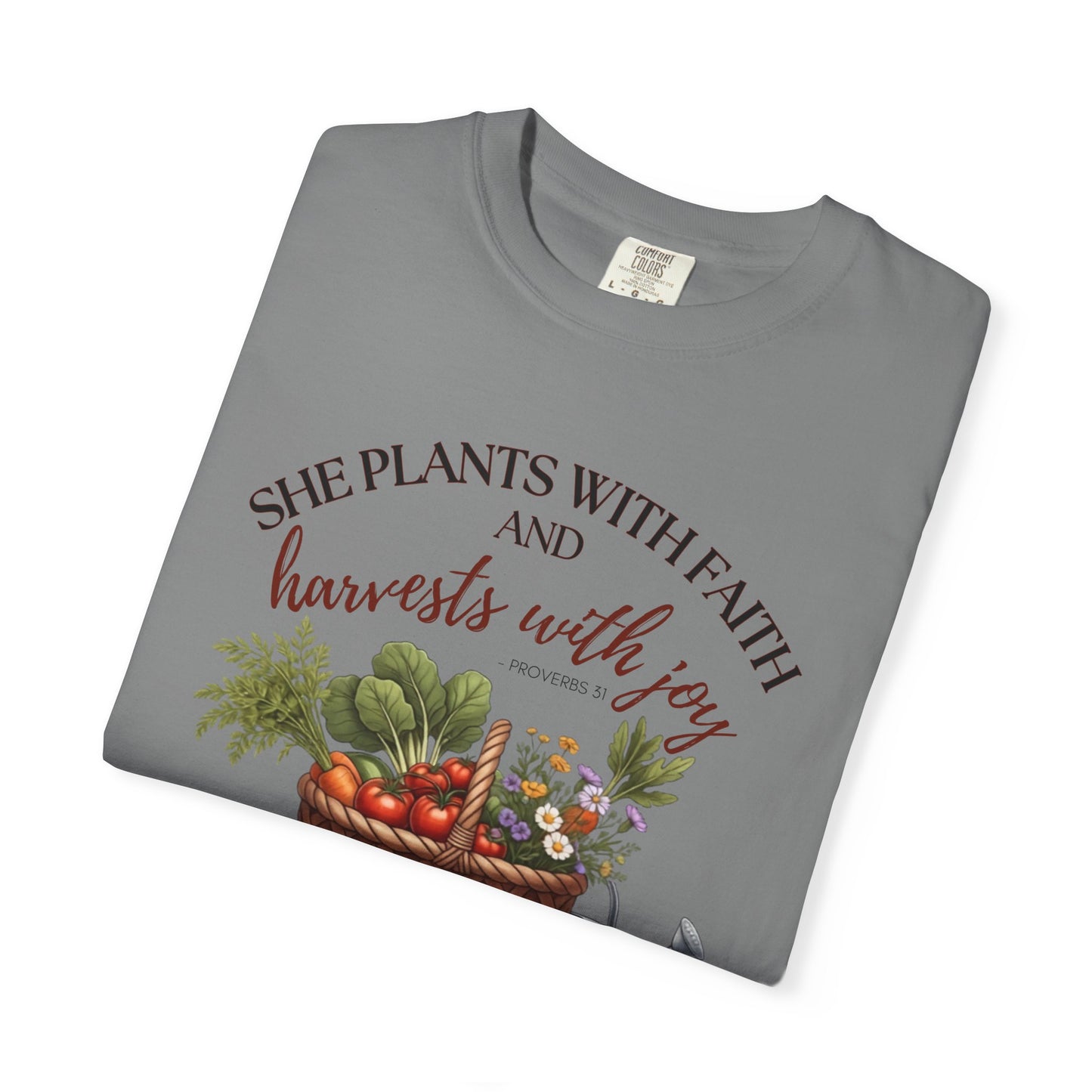 She Plants With Faith Garden T‑Shirt — Harvests With Joy Floral Basket Tee