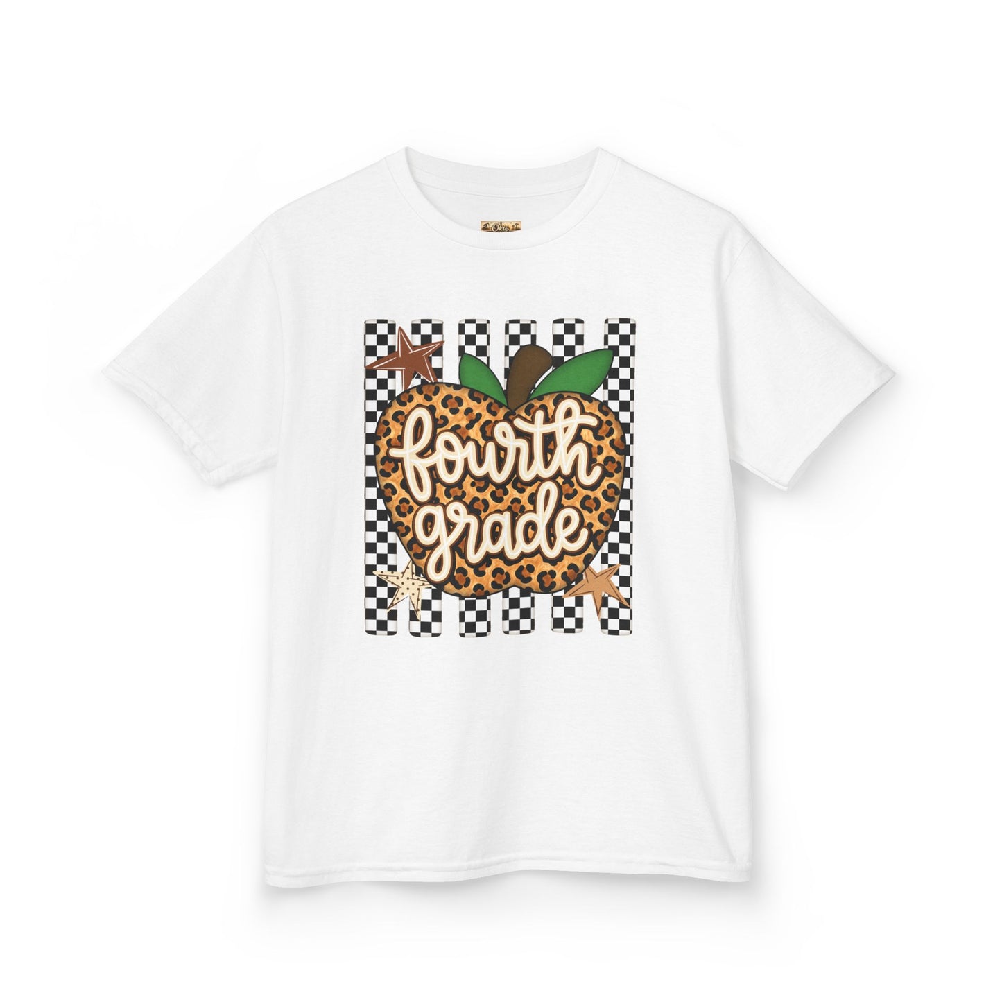 Fourth Grade Apple Kids T‑Shirt — Leopard & Checkerboard Back-to-School Tee
