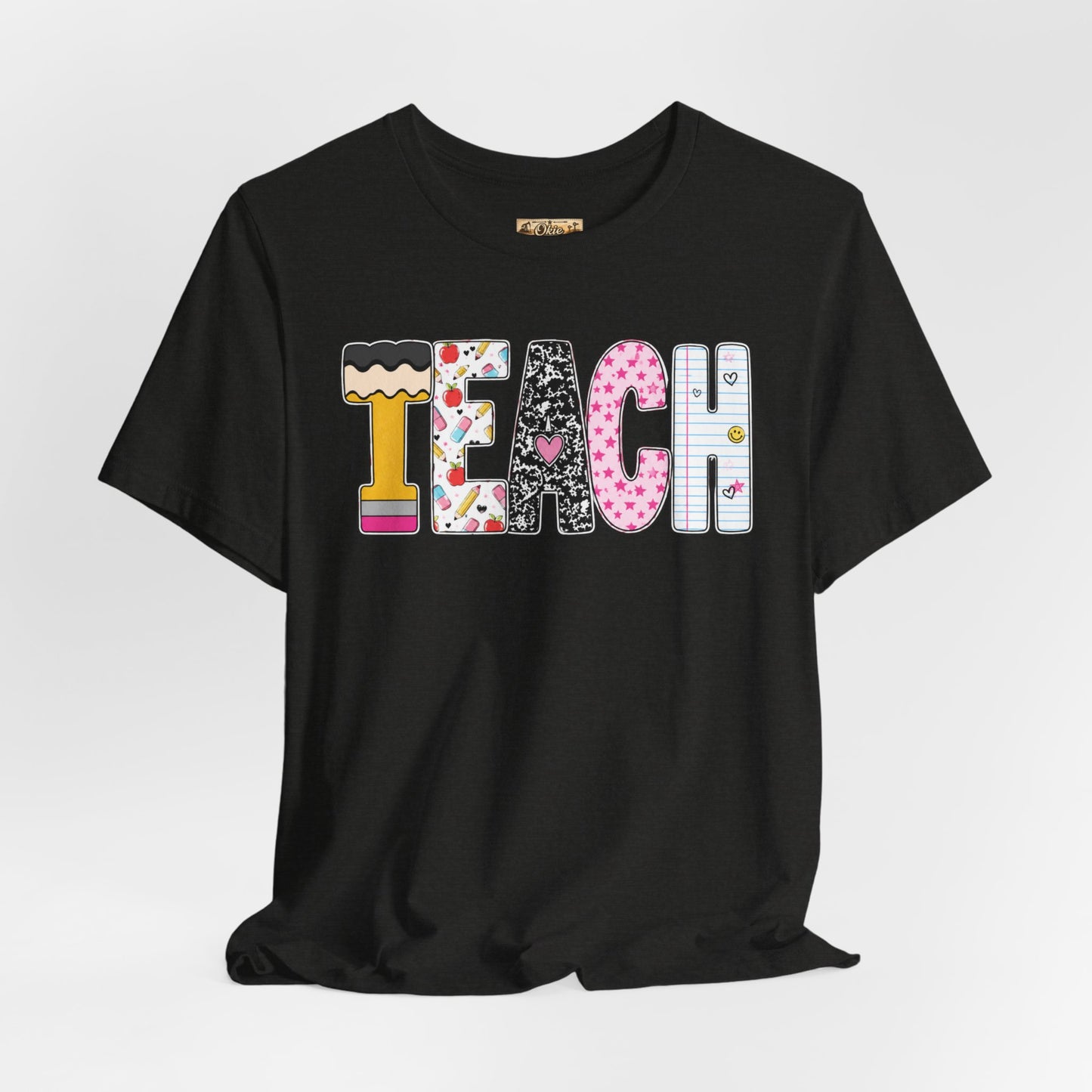 Teach Colorblock Graphic Tee – Cute Patterned Teacher T-Shirt