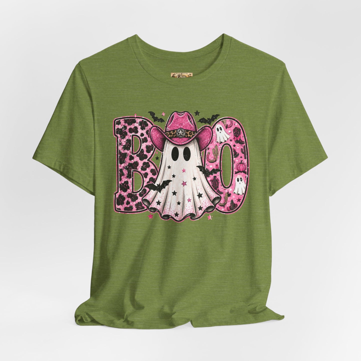 Boo Pink Leopard Ghost Tee — Cute Cowgirl Halloween T-Shirt