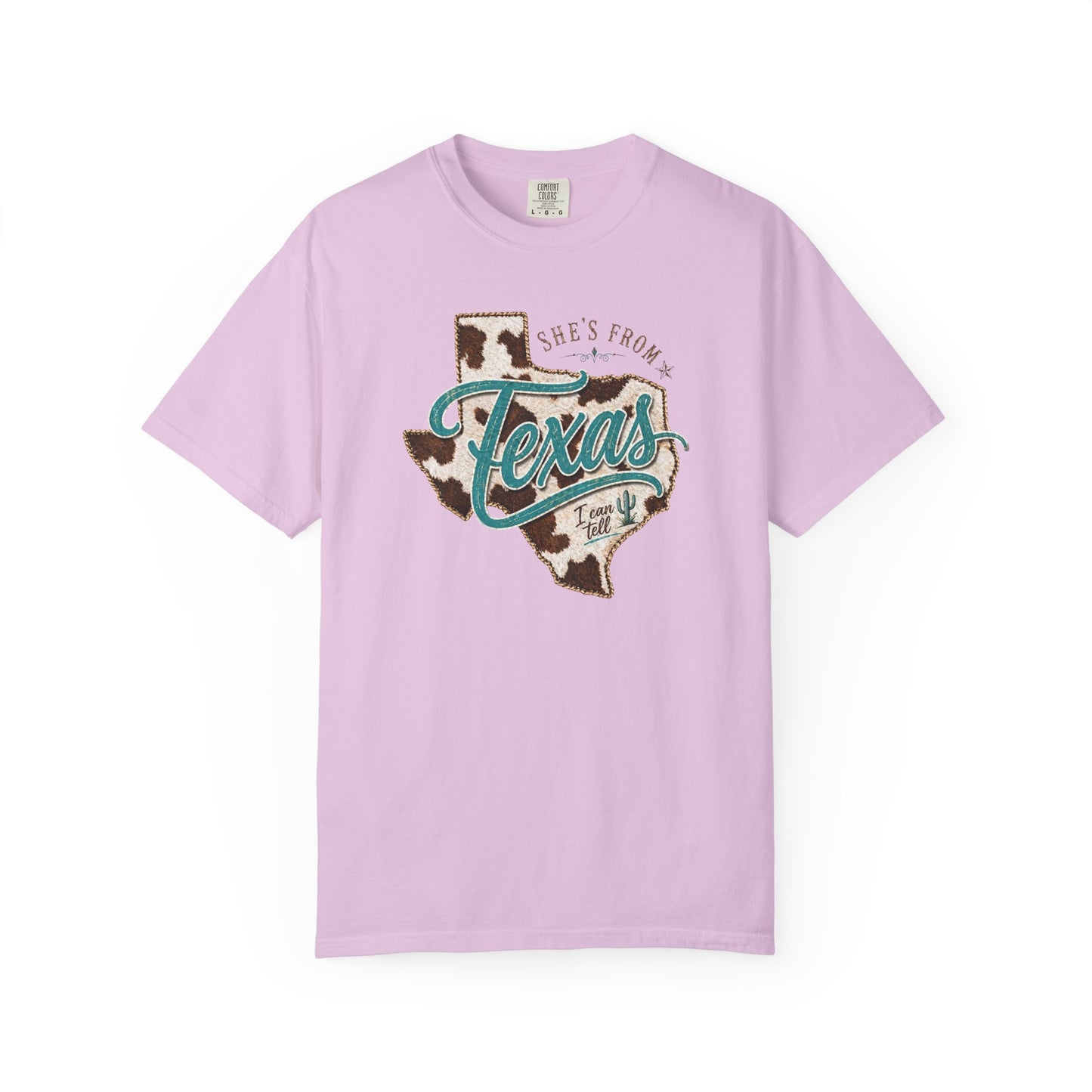 Texas Cowhide Graphic T-Shirt — "She's From Texas" Retro Western Tee