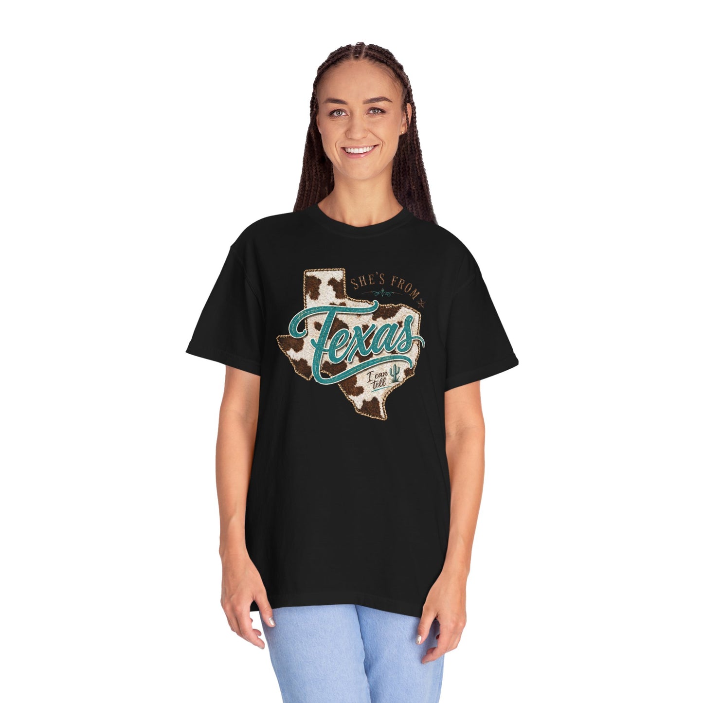 Texas Cowhide Graphic T-Shirt — "She's From Texas" Retro Western Tee
