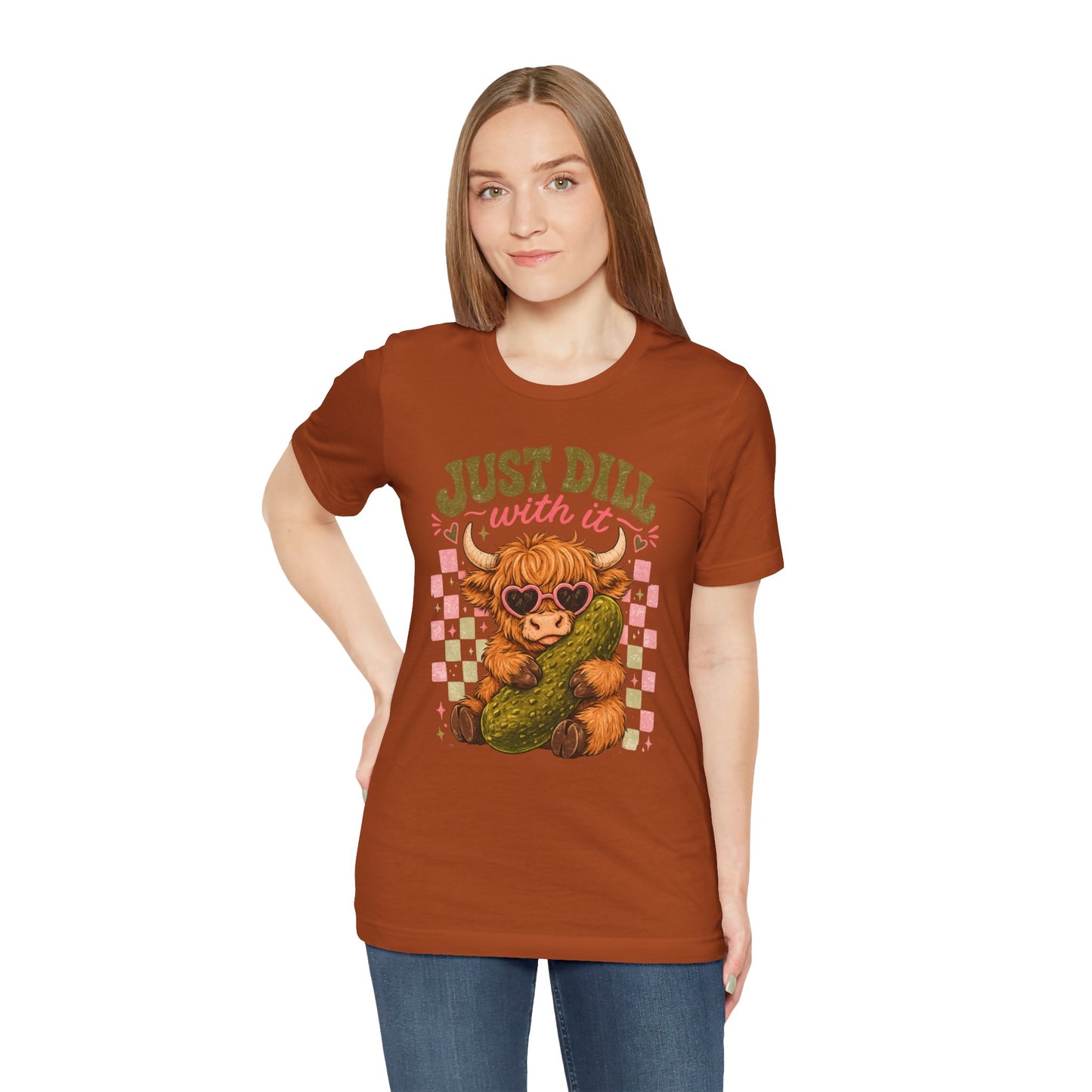 Just Dill With It Tee — Cute Highland Cow Hugging Pickle Graphic T‑Shirt