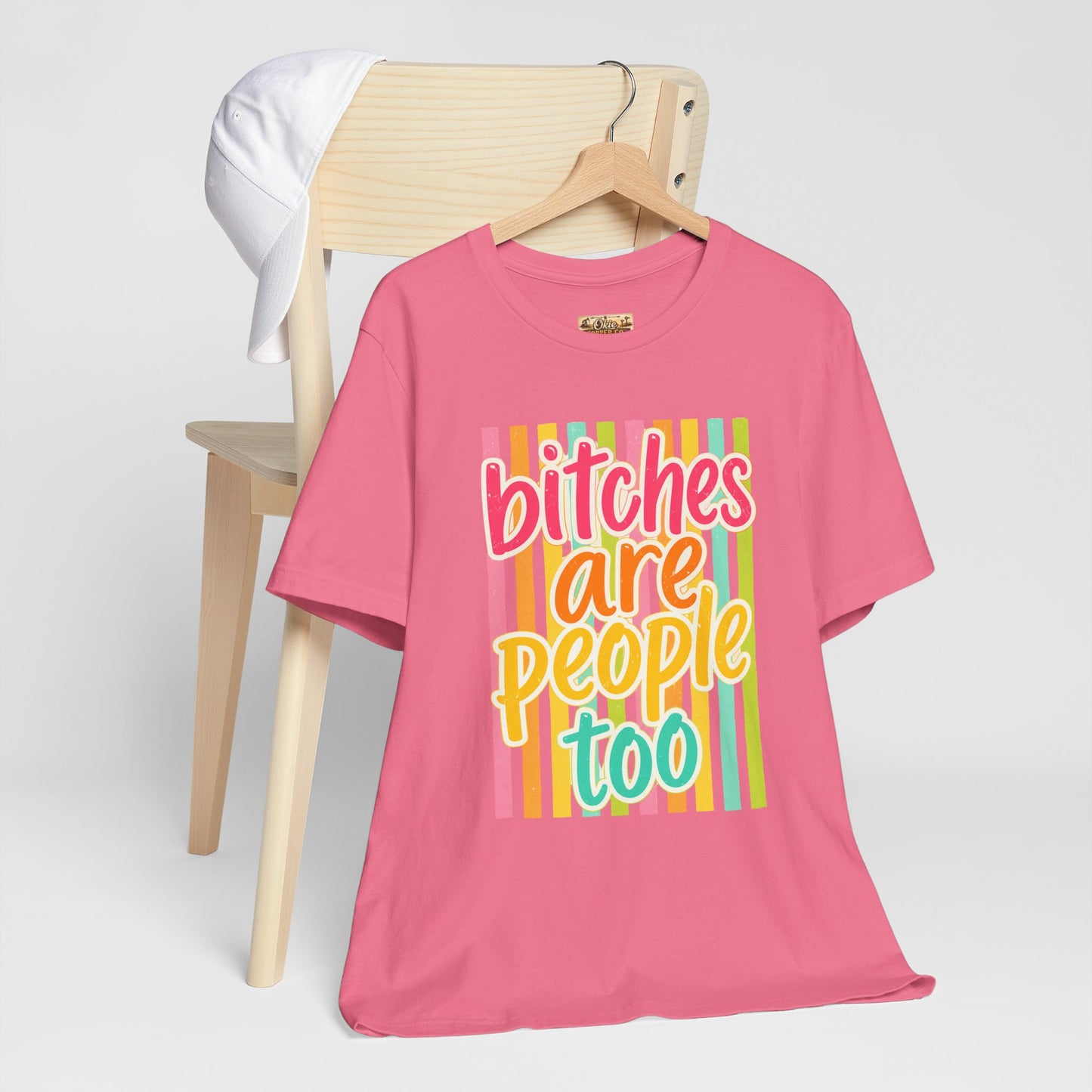 Bitches Are People Too Tee — Colorful Retro Striped Graphic T-Shirt