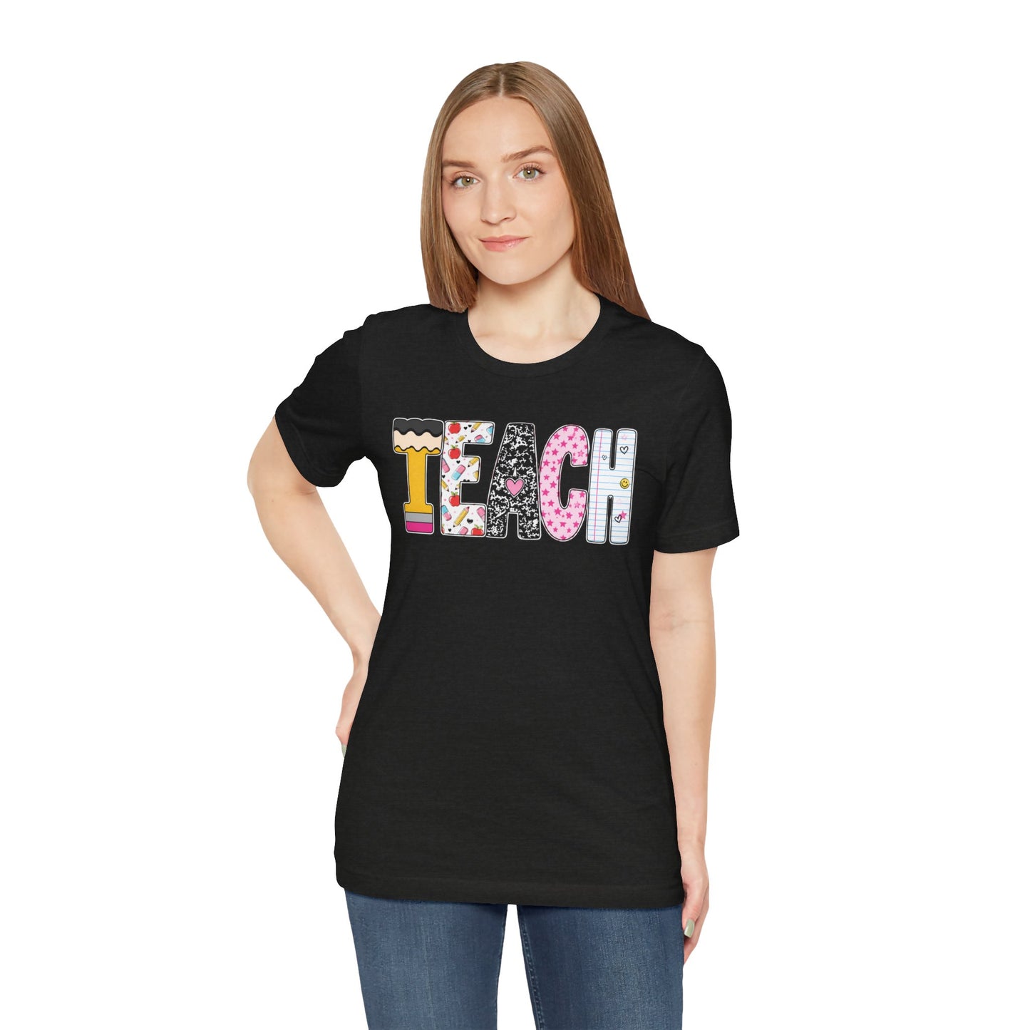 Teach Colorblock Graphic Tee – Cute Patterned Teacher T-Shirt