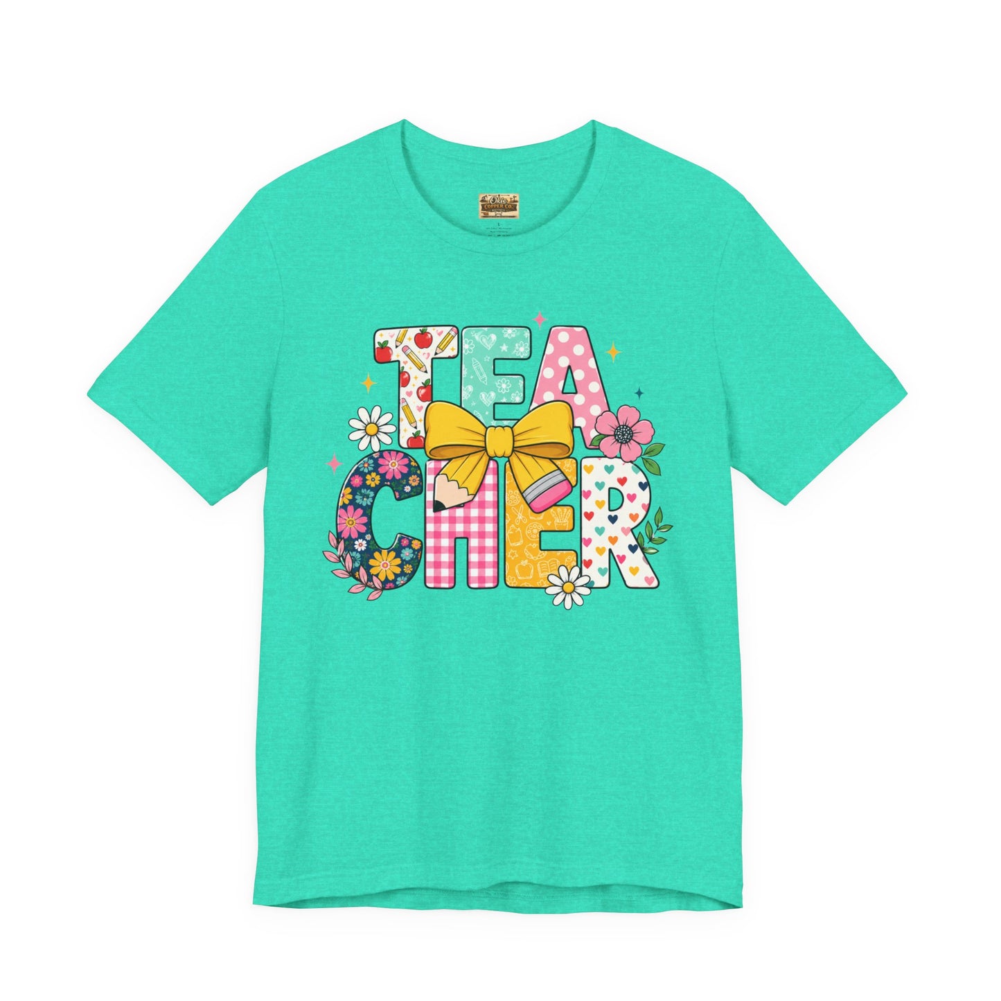 Teacher Floral Bow T-Shirt — Cute 'Teach er' Colorful School Shirt for Teachers