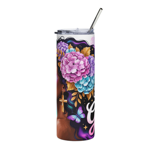 20oz Stainless Steel Tumbler — Floral Afrocentric Woman Design, Butterfly & Cross Travel Cup