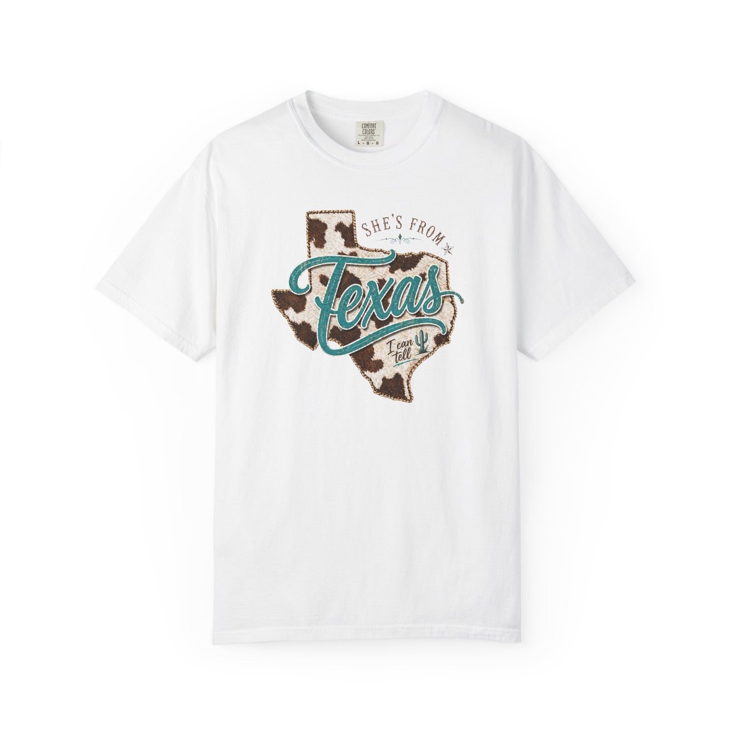 Texas Cowhide Graphic T-Shirt — "She's From Texas" Retro Western Tee