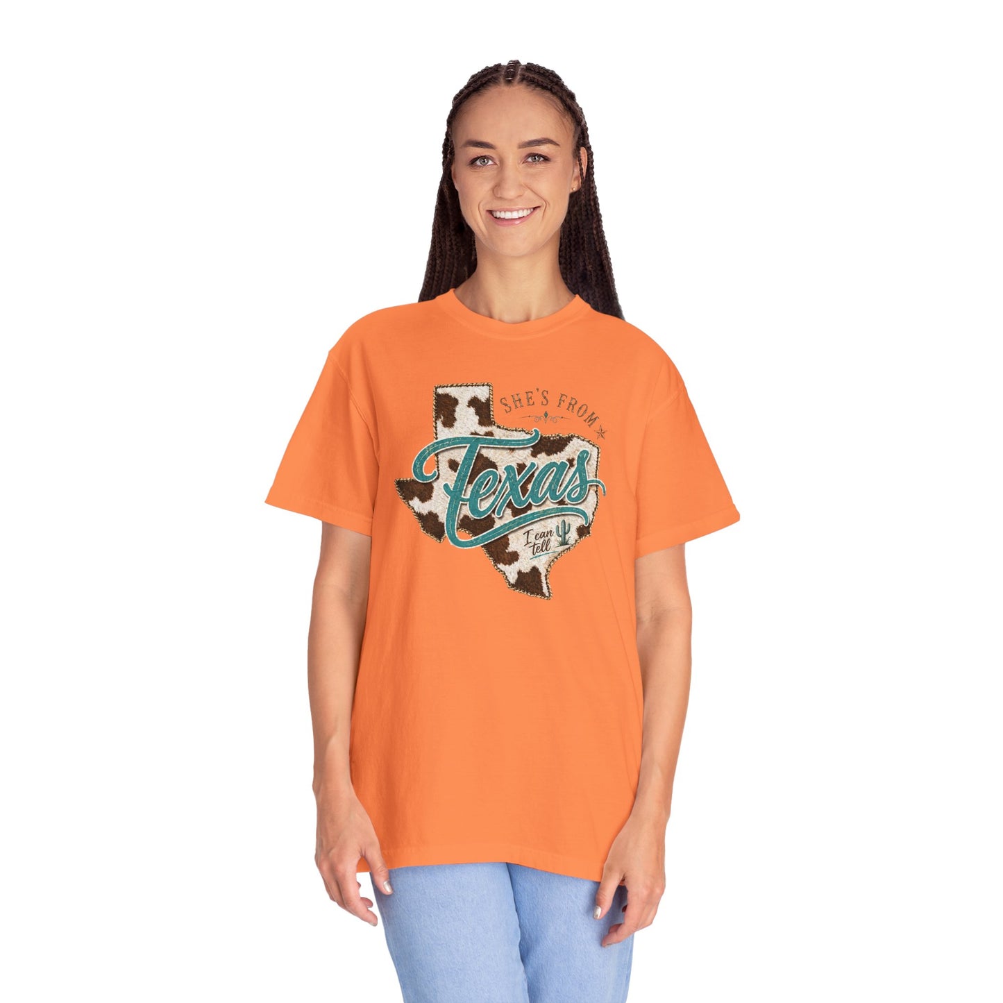 Texas Cowhide Graphic T-Shirt — "She's From Texas" Retro Western Tee