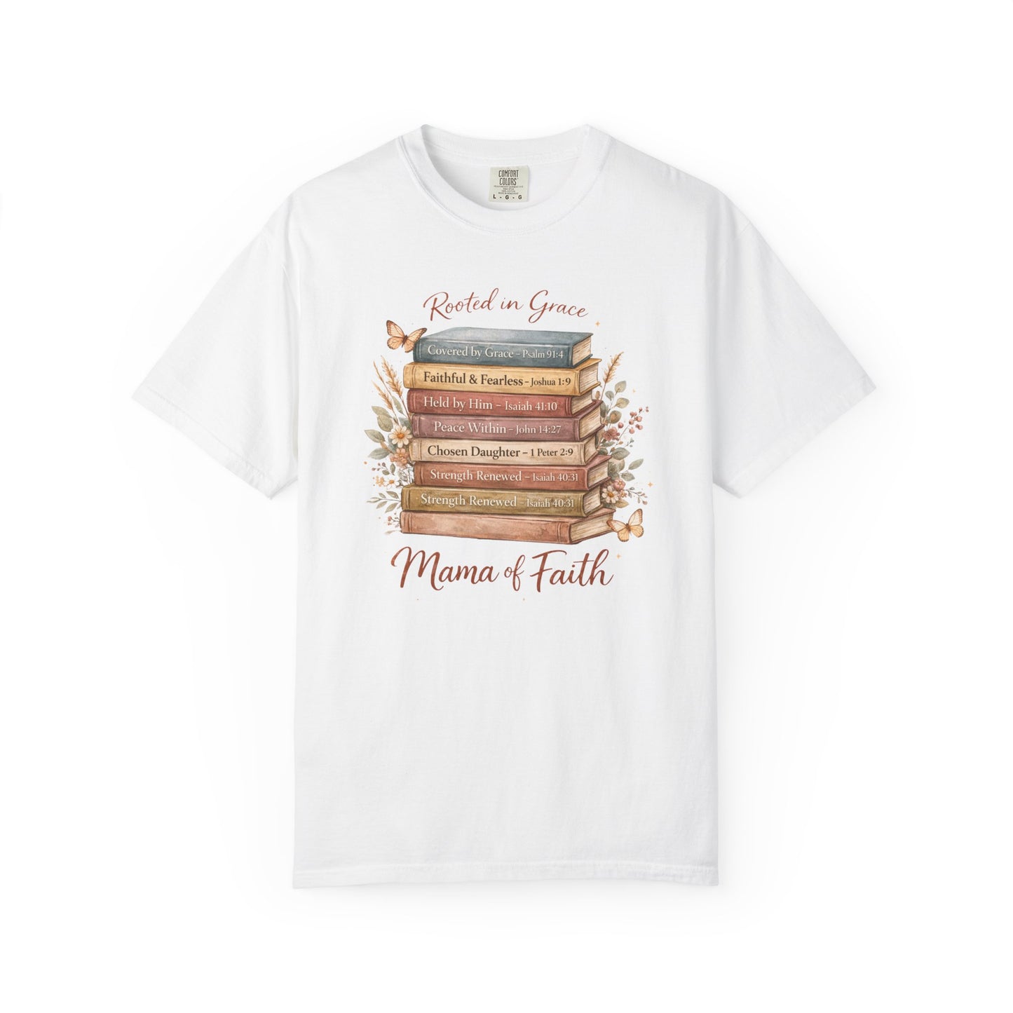 Mama of Faith Book Stack T‑Shirt — Rooted in Grace Christian Mother's Tee