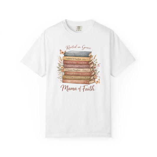 Mama of Faith Book Stack T‑Shirt — Rooted in Grace Christian Mother's Tee