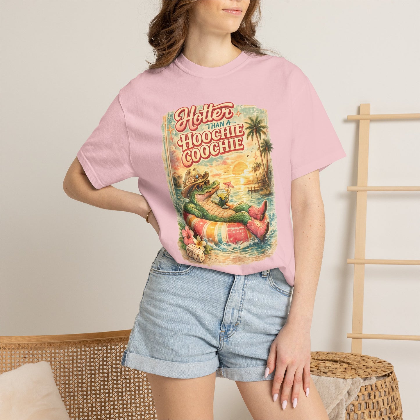 "Hotter Than a Hoochie Coochie" Retro Alligator Beach Graphic