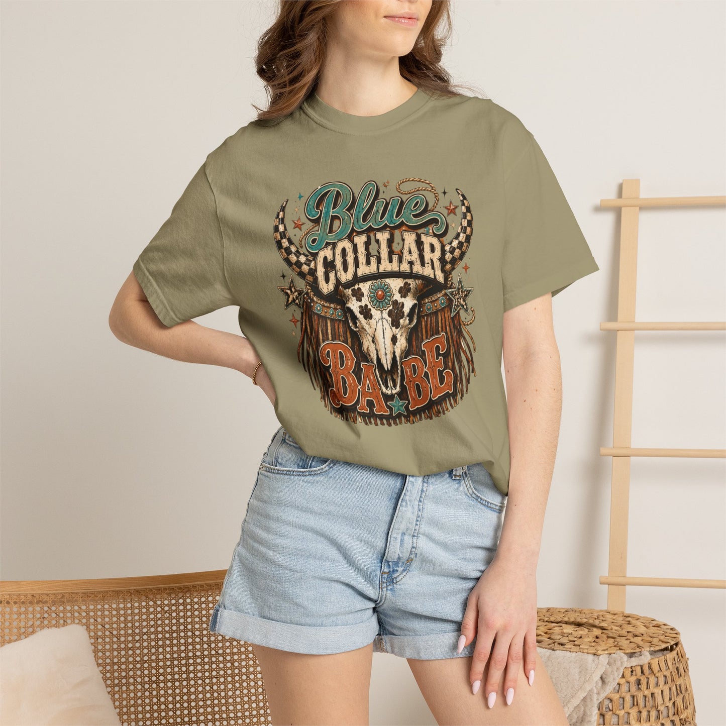 Blue Collar Babe Graphic T-Shirt — Western Skull Cowgirl Tee