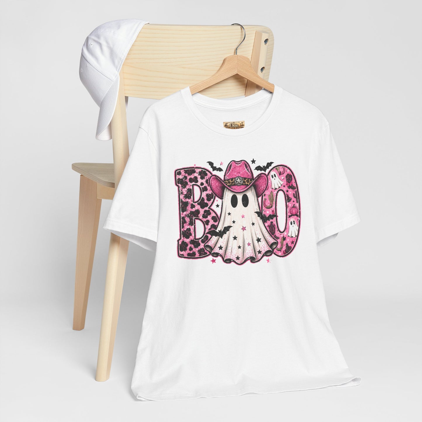 Boo Pink Leopard Ghost Tee — Cute Cowgirl Halloween T-Shirt