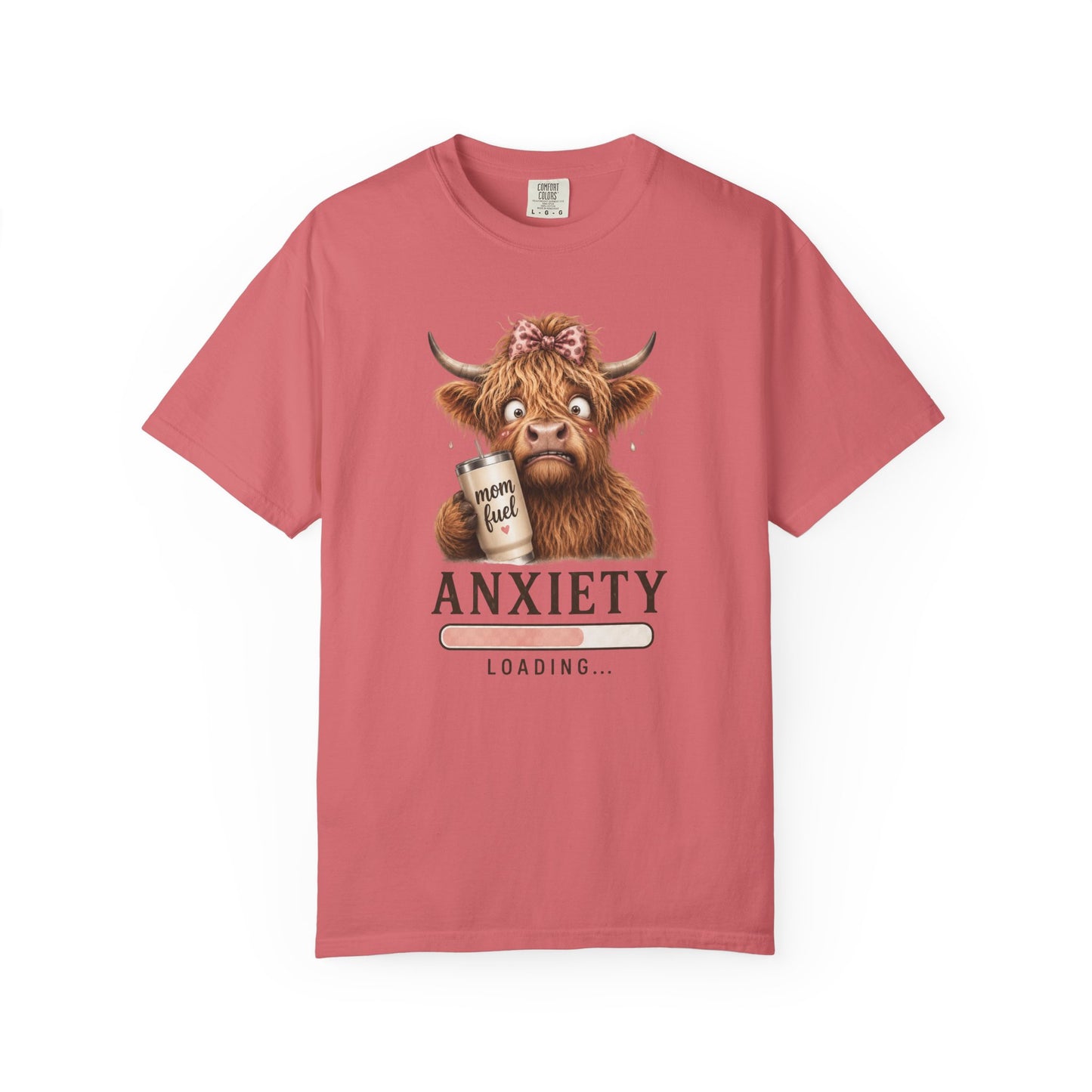 Anxiety Loading T-Shirt — Cute Highland Cow with 'Mom Fuel' Mug