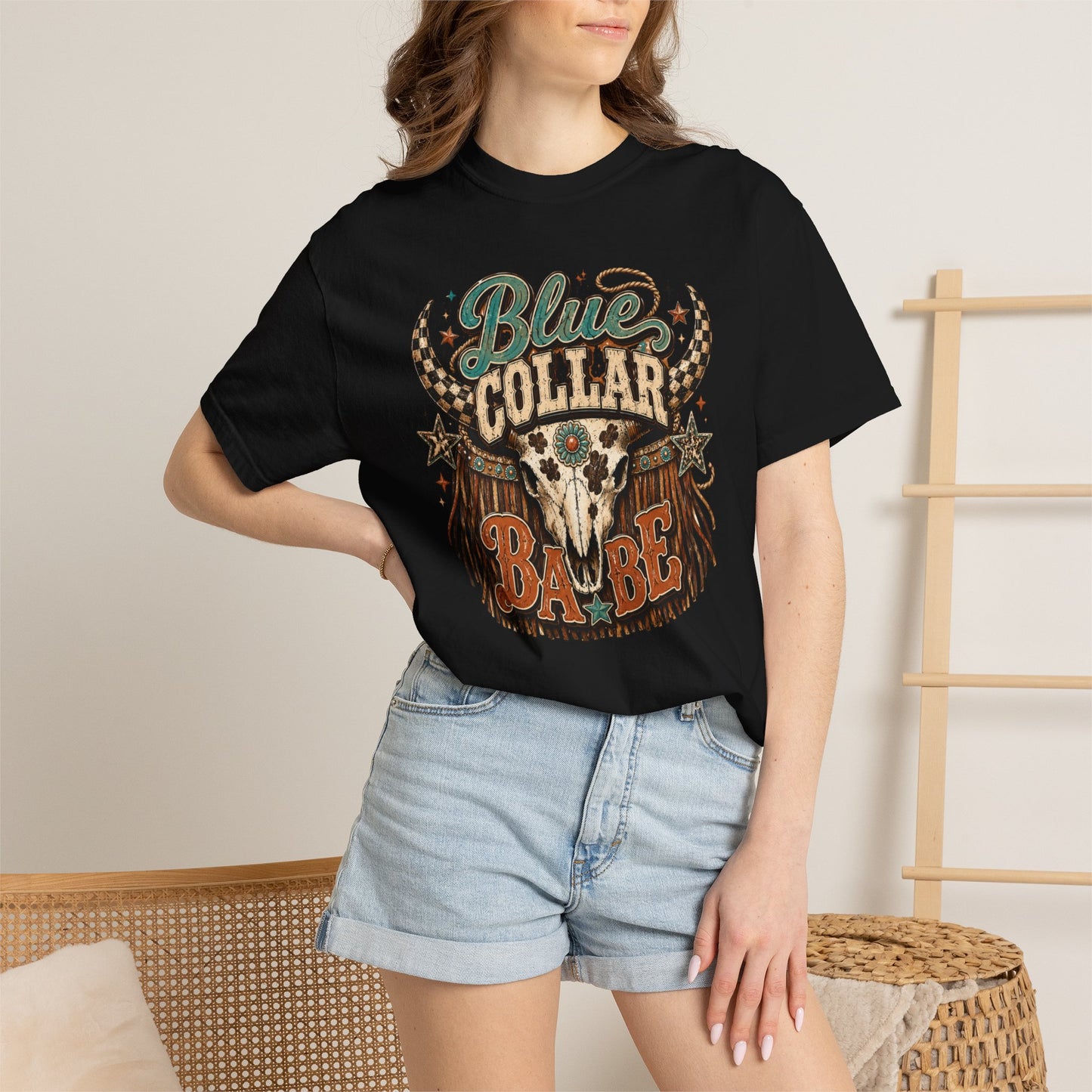 Blue Collar Babe Graphic T-Shirt — Western Skull Cowgirl Tee
