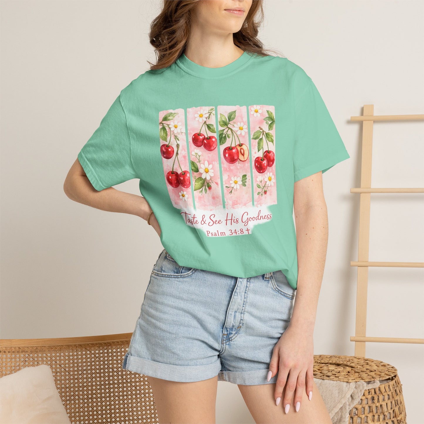 T-Shirt — "Taste & See His Goodness" Cherry Scripture Tee (Psalm 34:8)