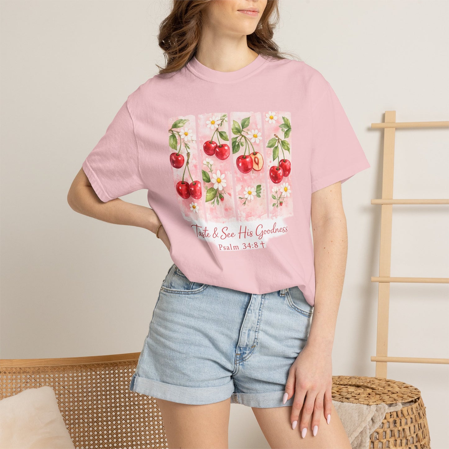 T-Shirt — "Taste & See His Goodness" Cherry Scripture Tee (Psalm 34:8)