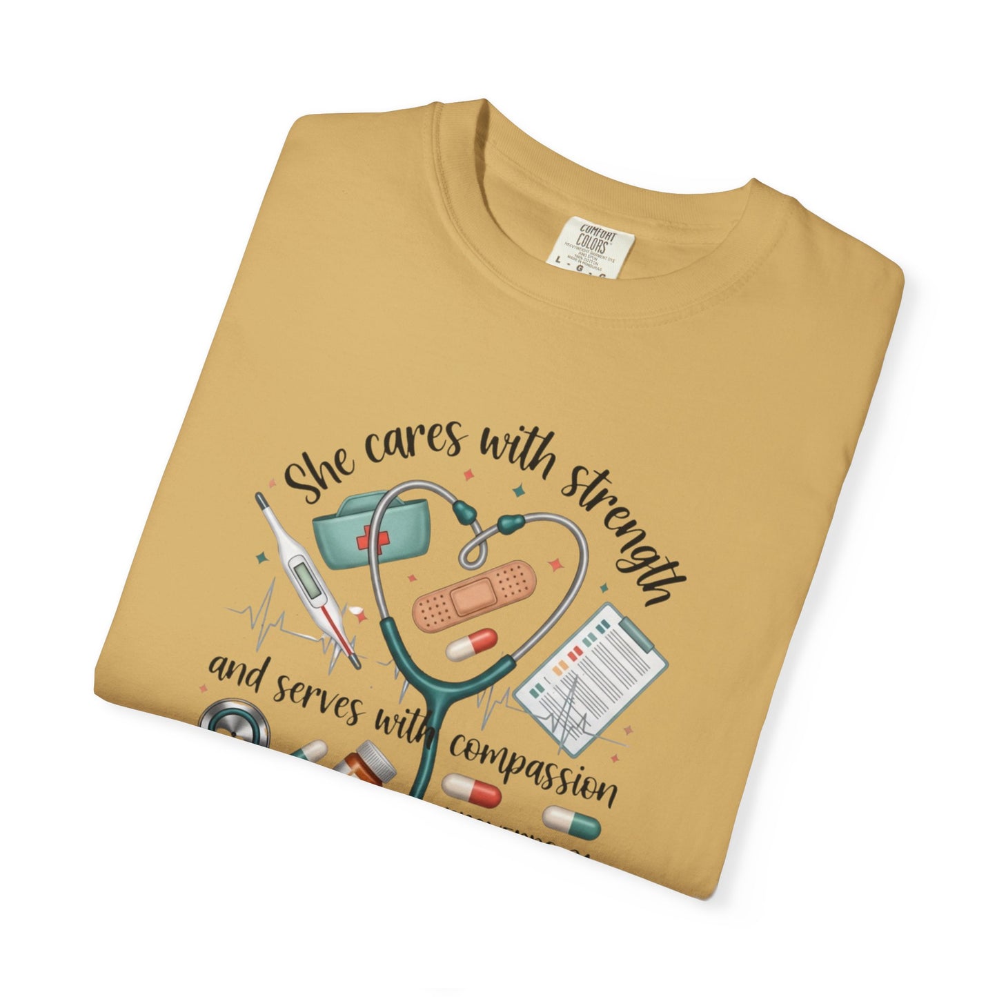 Nurse Heartbeat Graphic T-Shirt — "She Cares with Strength" Psalm 31 Christian Tee