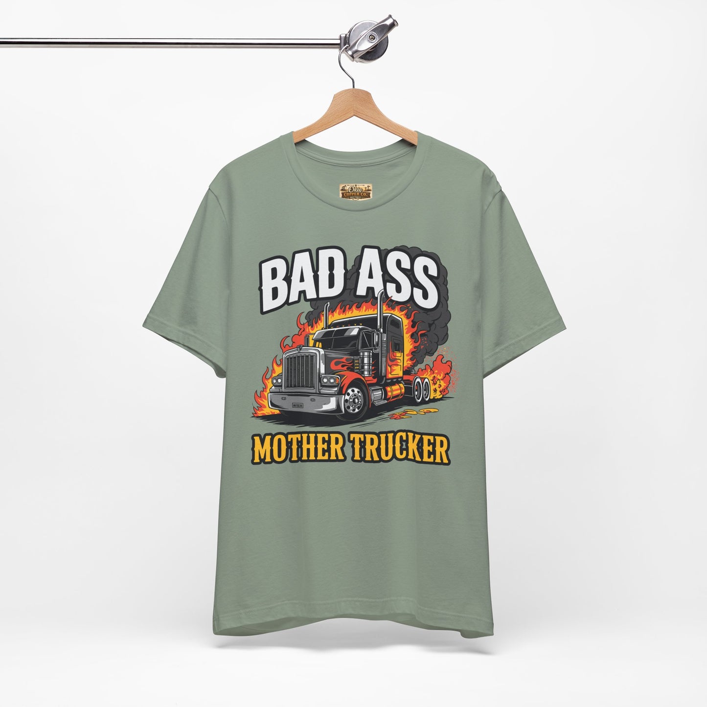 Bad Ass Mother Trucker Tee — Graphic Semi Truck Flames Shirt