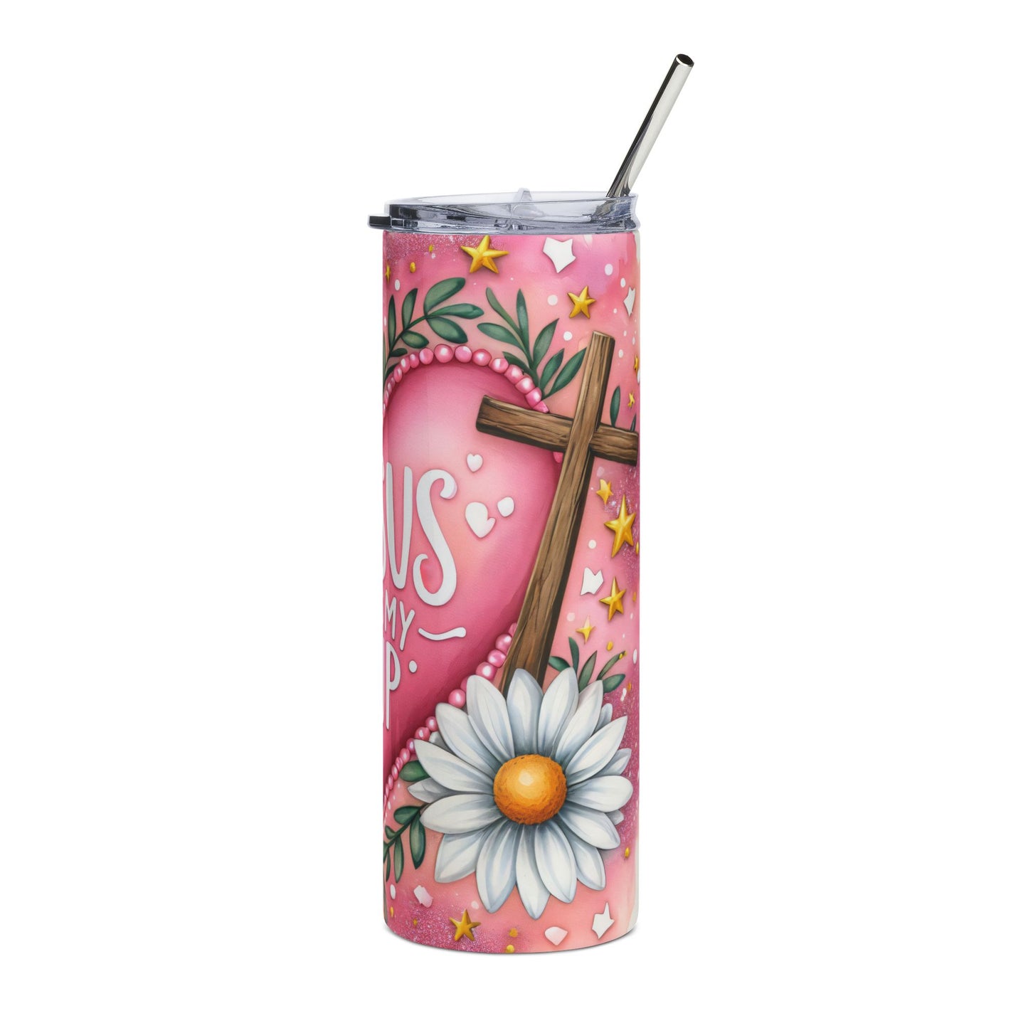 20oz Stainless Tumbler — "Jesus Fills My Cup" Floral Daisy Faith Travel Mug