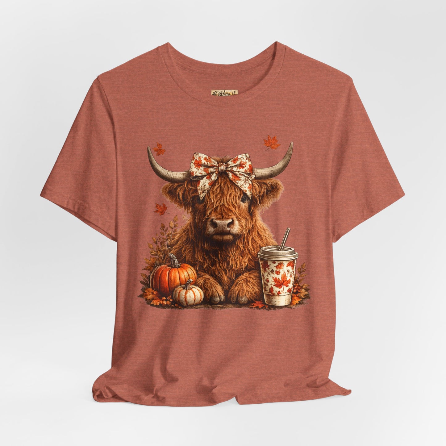 Autumn Highland Cow Tee — Fall Pumpkin Latte Graphic T-Shirt
