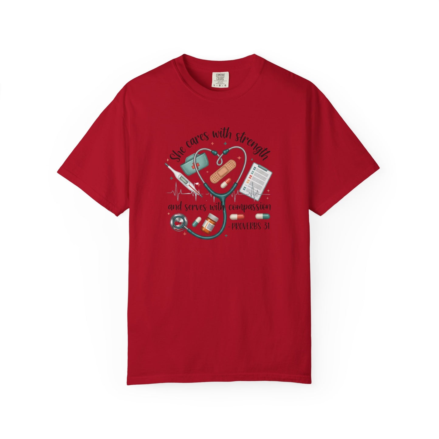 Nurse Heartbeat Graphic T-Shirt — "She Cares with Strength" Psalm 31 Christian Tee