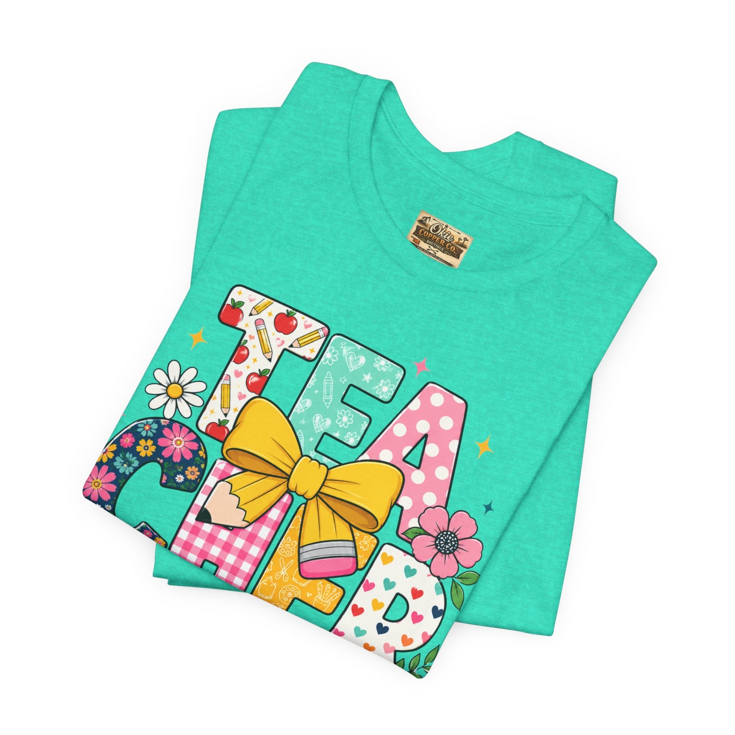 Teacher Floral Bow T-Shirt — Cute 'Teach er' Colorful School Shirt for Teachers