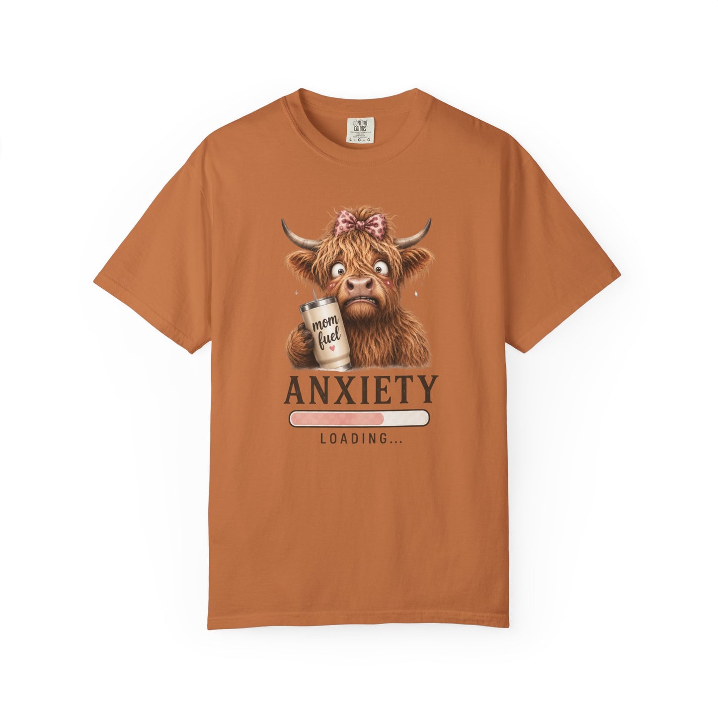 Anxiety Loading T-Shirt — Cute Highland Cow with 'Mom Fuel' Mug