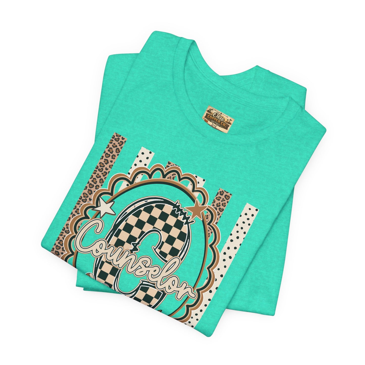 Counselor Tee — Retro Checkerboard & Leopard Print Graphic T-Shirt