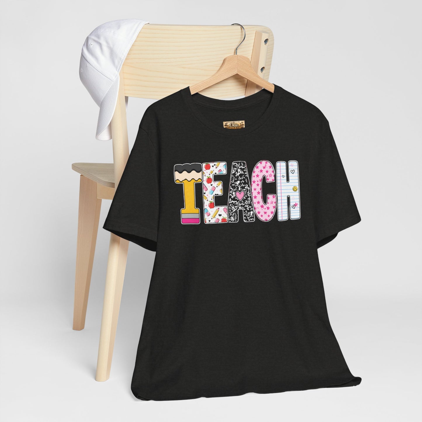 Teach Colorblock Graphic Tee – Cute Patterned Teacher T-Shirt