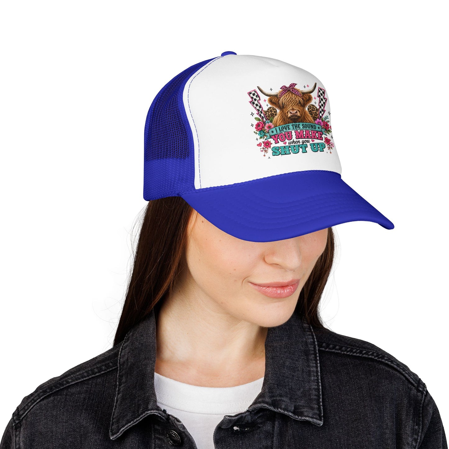 Cow Skull Trucker Hat – “I Love the Sound You Make When You Shut Up” Floral Western Cap