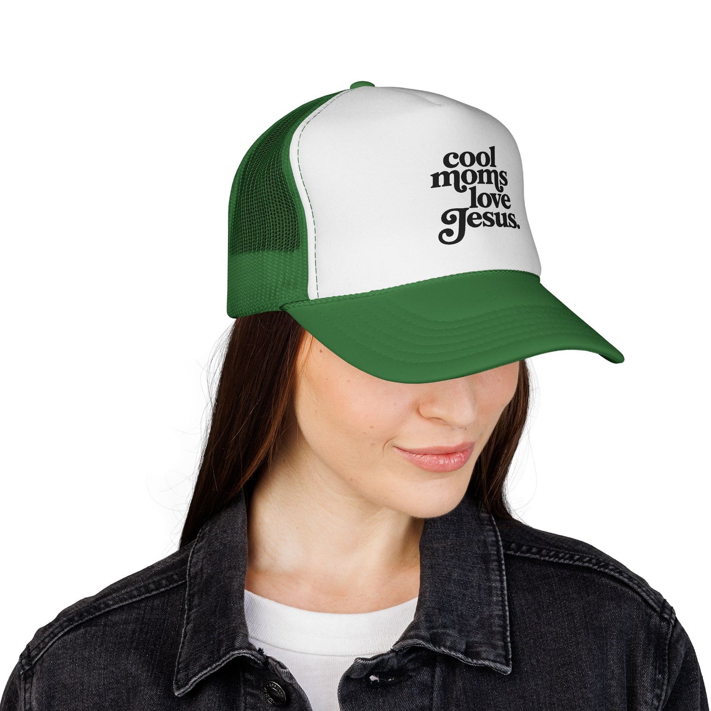 Trucker Cap — "Cool Moms Love Jesus" Retro Script Faith Hat