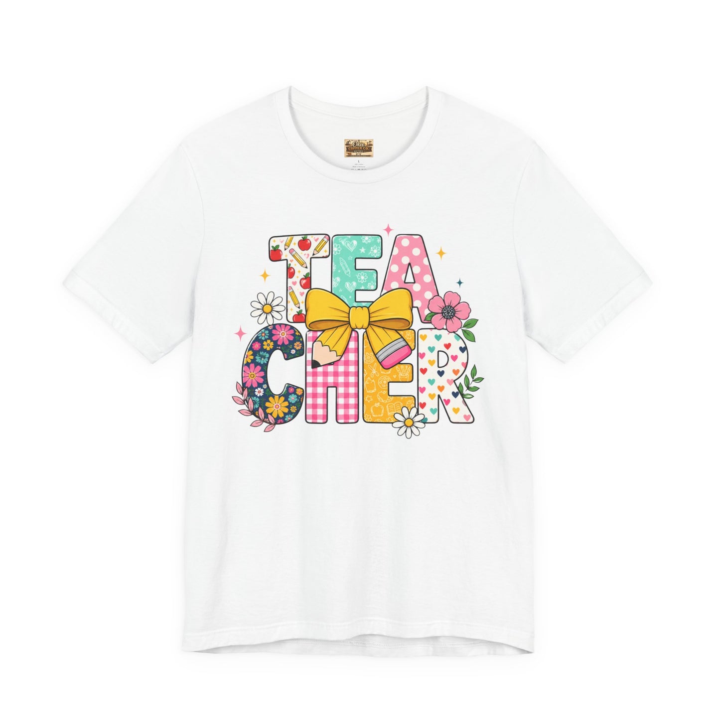 Teacher Floral Bow T-Shirt — Cute 'Teach er' Colorful School Shirt for Teachers