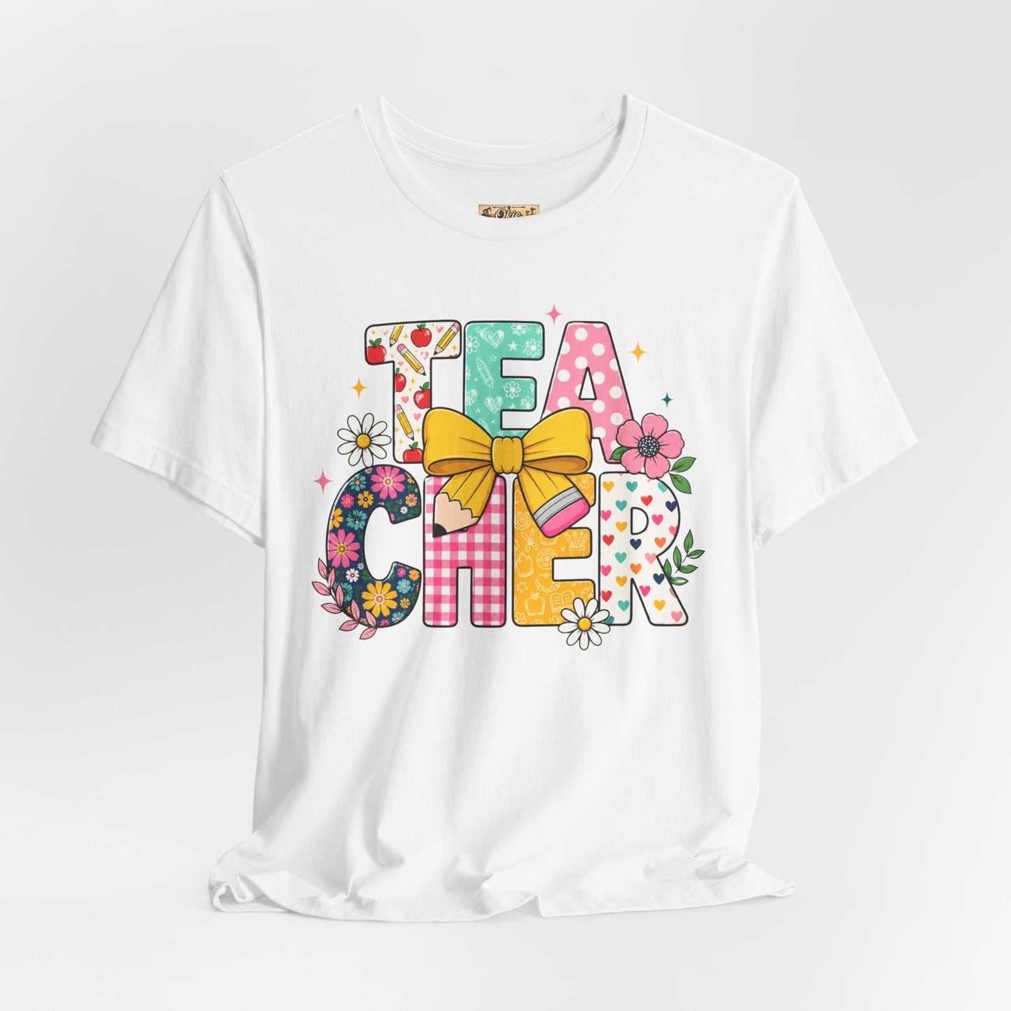 Teacher Floral Bow T-Shirt — Cute 'Teach er' Colorful School Shirt for Teachers