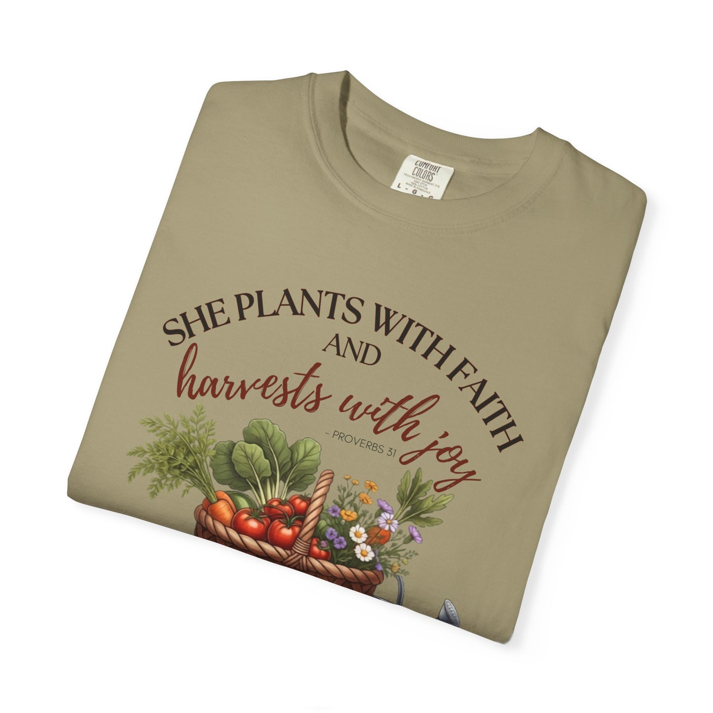 She Plants With Faith Garden T‑Shirt — Harvests With Joy Floral Basket Tee